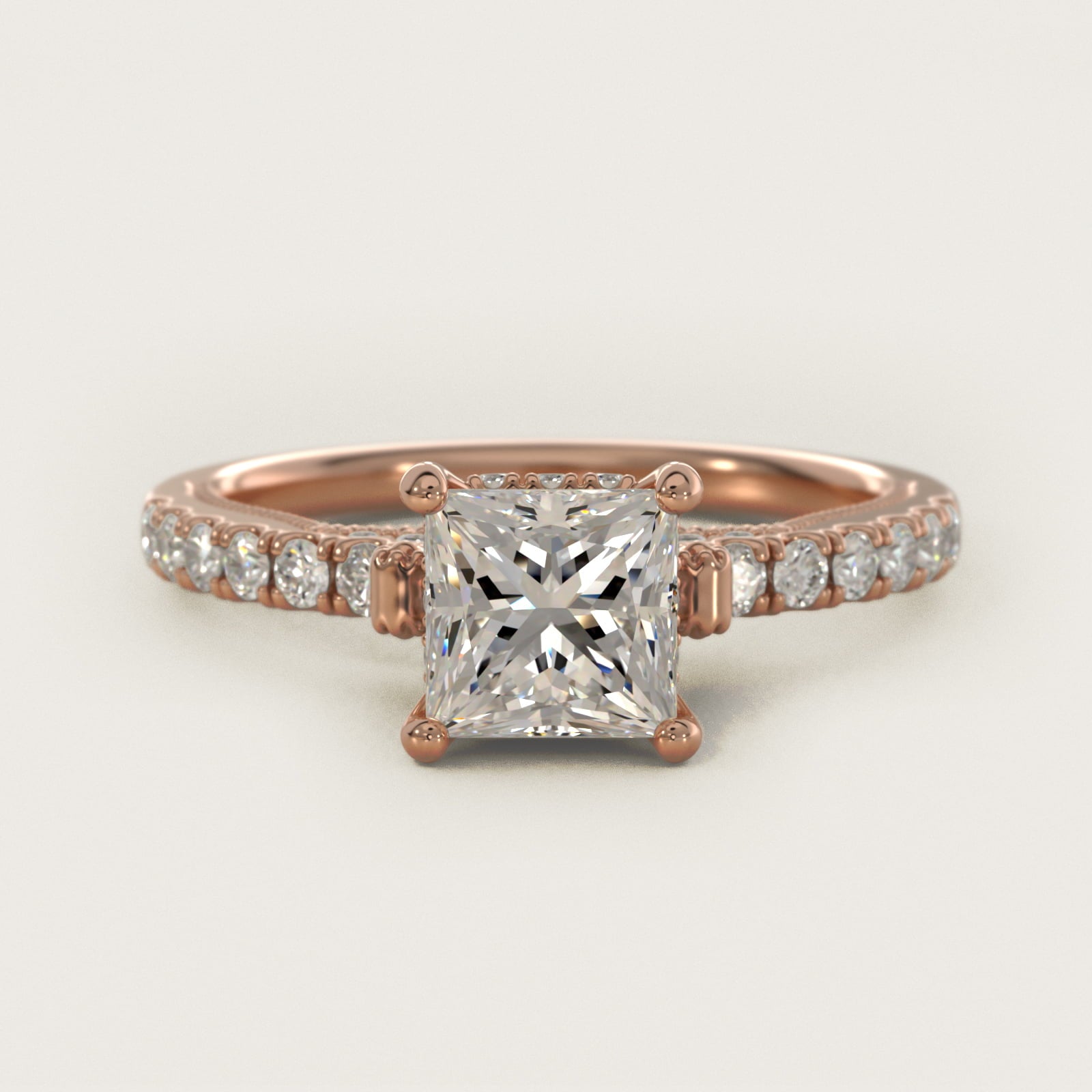Lace Bridge Hidden Halo and Pave Diamond Engagement Ring in 14k Rose Gold (1/3 ct. tw.) - Princess Center