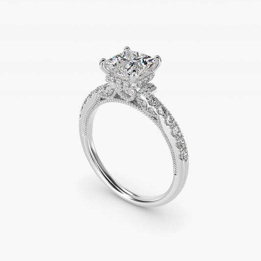 Lace Bridge Hidden Halo and Pave Diamond Engagement Ring in 14k White Gold (1/3 ct. tw.) - Princess Center