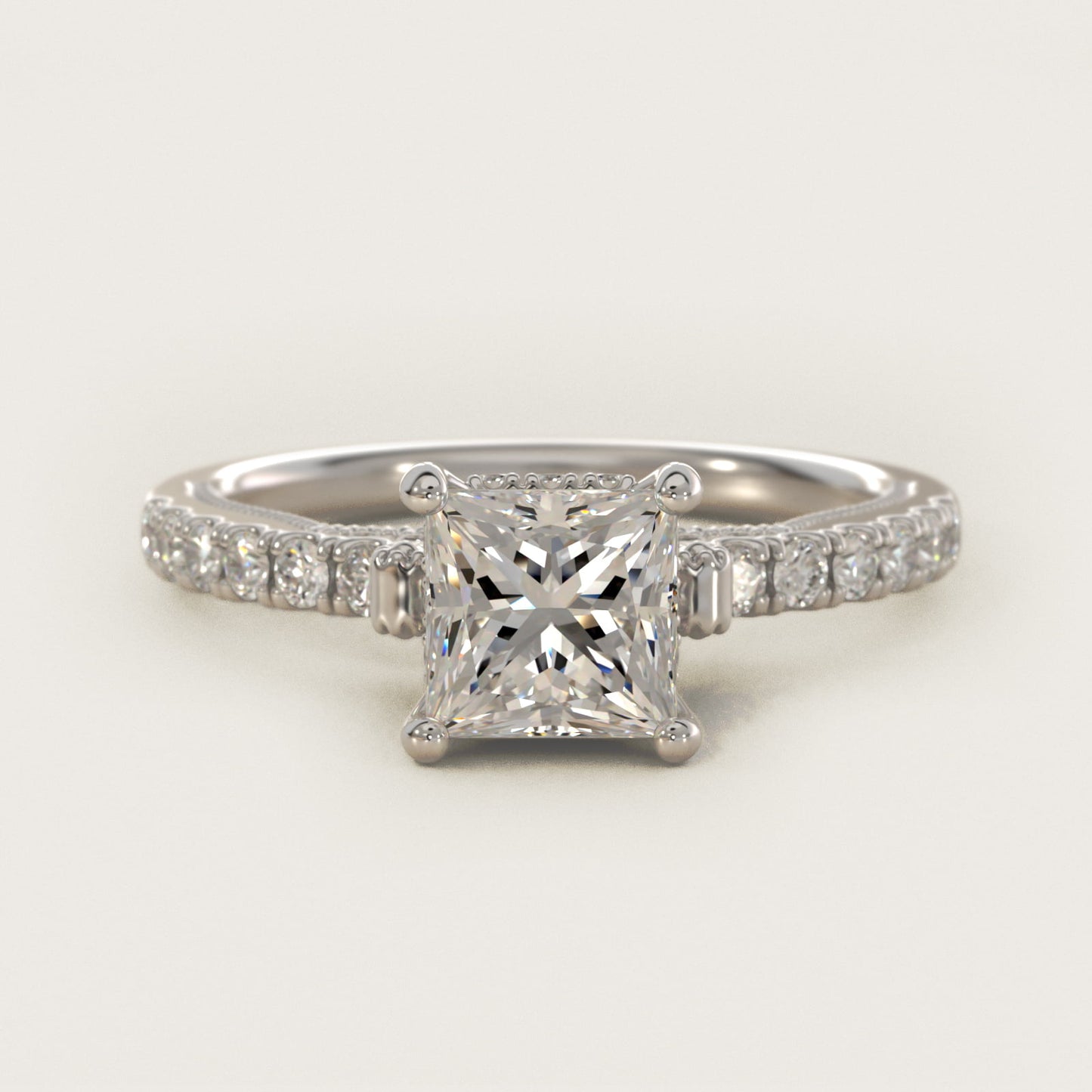 Lace Bridge Hidden Halo and Pave Diamond Engagement Ring in 14k White Gold (1/3 ct. tw.) - Princess Center