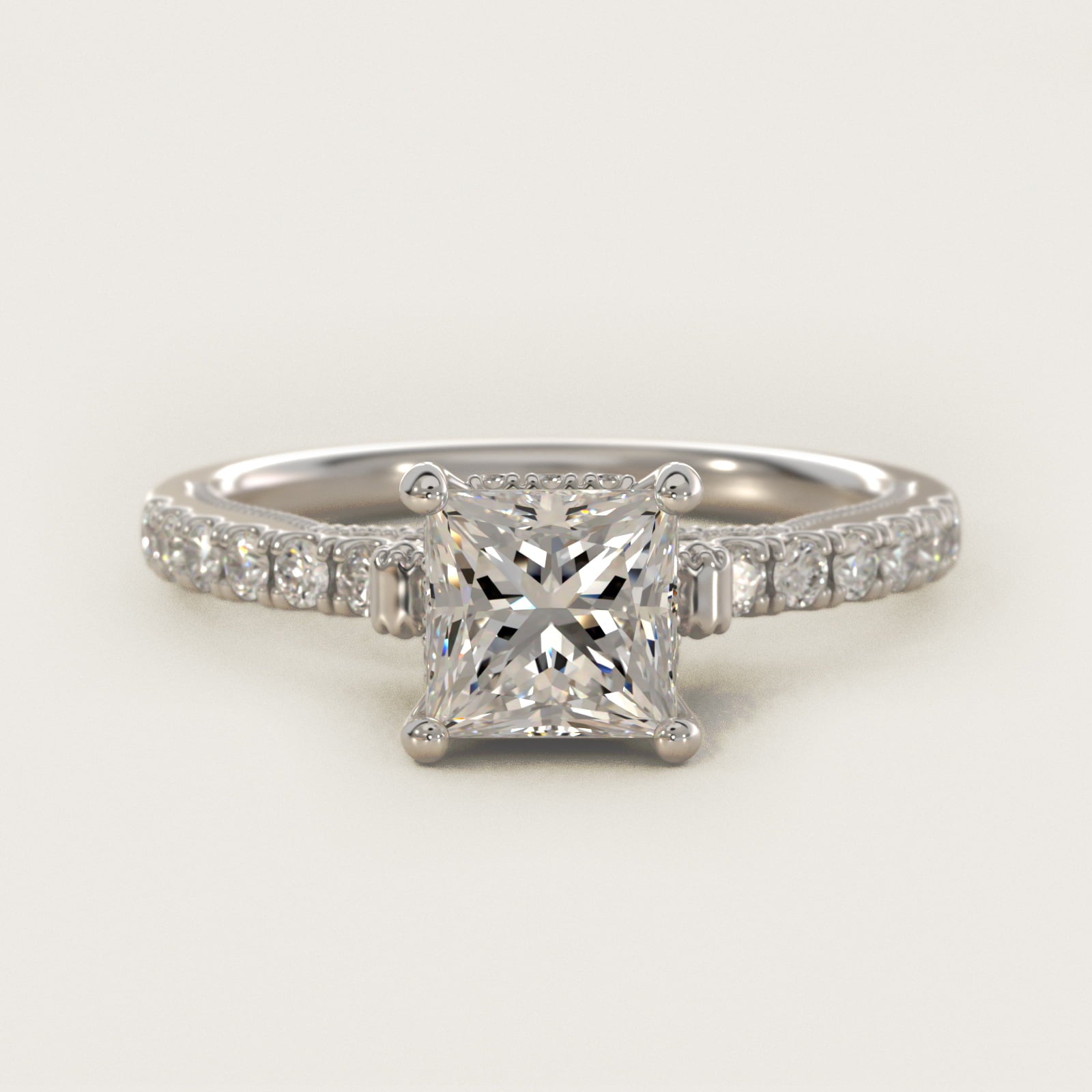 Lace Bridge Hidden Halo and Pave Diamond Engagement Ring in 14k White Gold (1/3 ct. tw.) - Princess Center