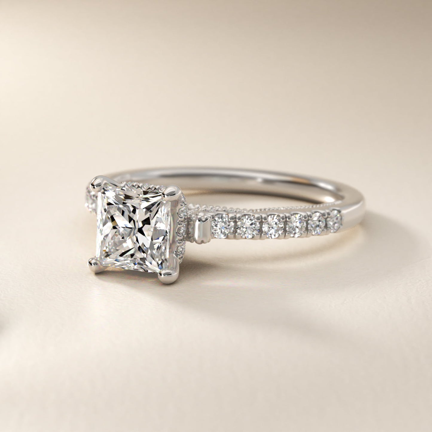 Lace Bridge Hidden Halo and Pave Diamond Engagement Ring in 14k White Gold (1/3 ct. tw.) - Princess Center