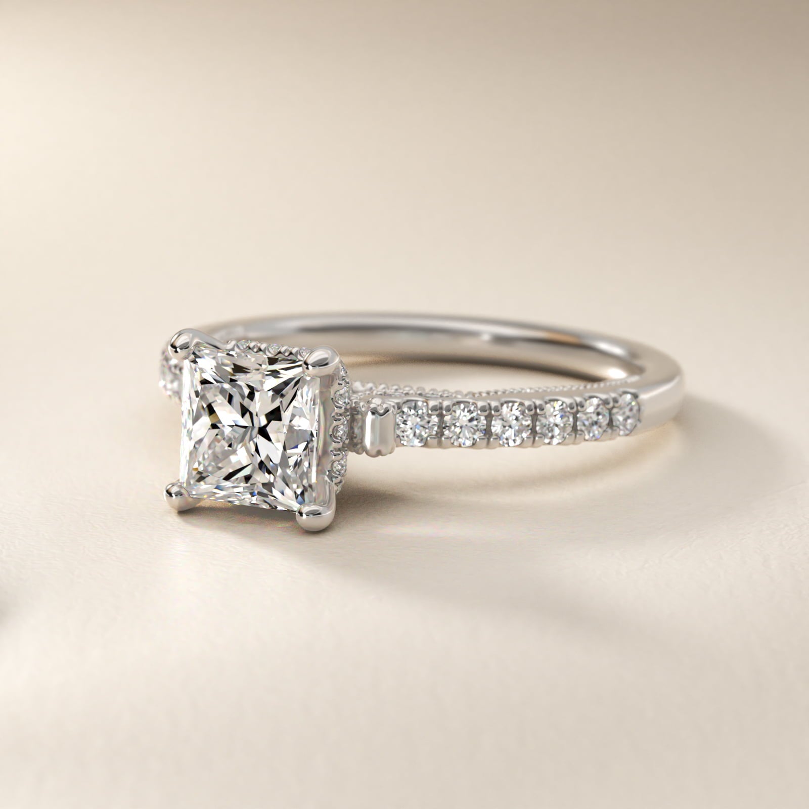 Lace Bridge Hidden Halo and Pave Diamond Engagement Ring in 18k White Gold (1/3 ct. tw.) - Princess Center