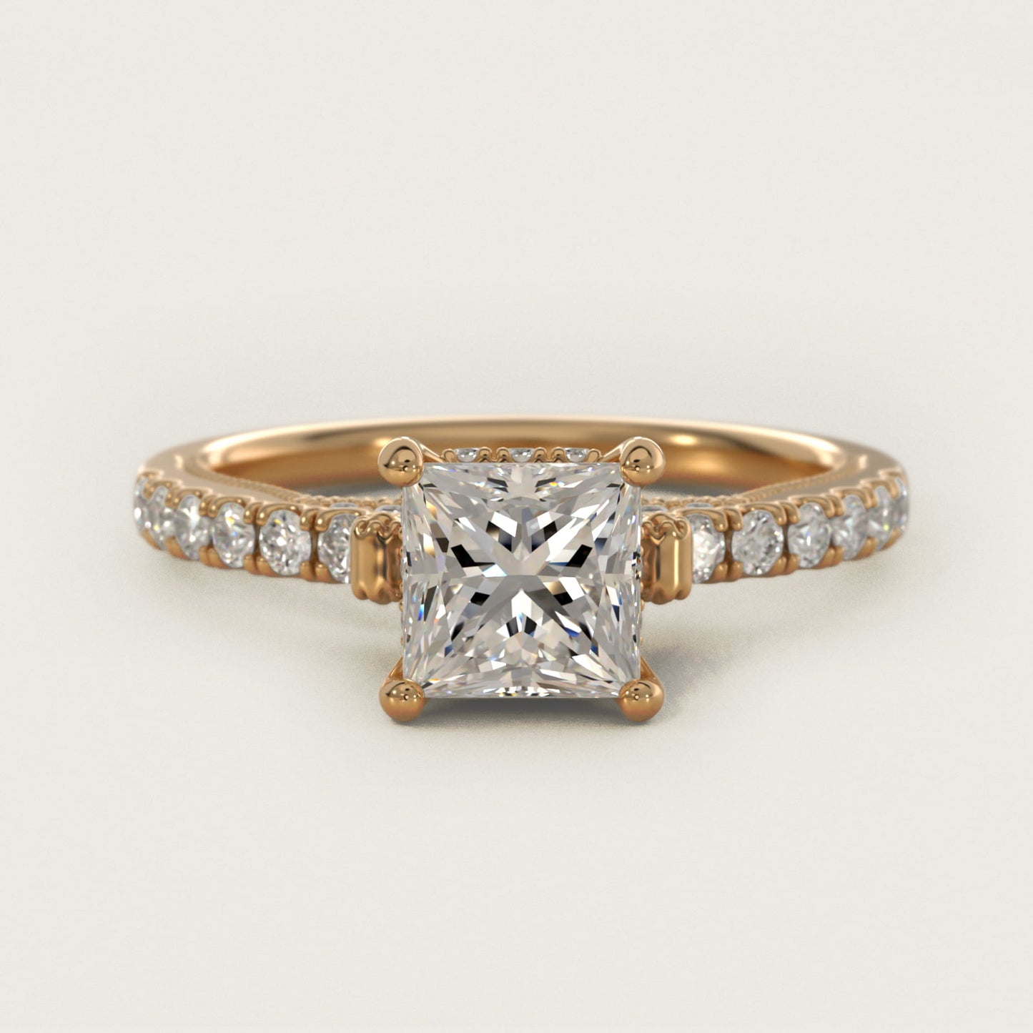 Lace Bridge Hidden Halo and Pave Diamond Engagement Ring in 14k Yellow Gold (1/3 ct. tw.) - Princess Center
