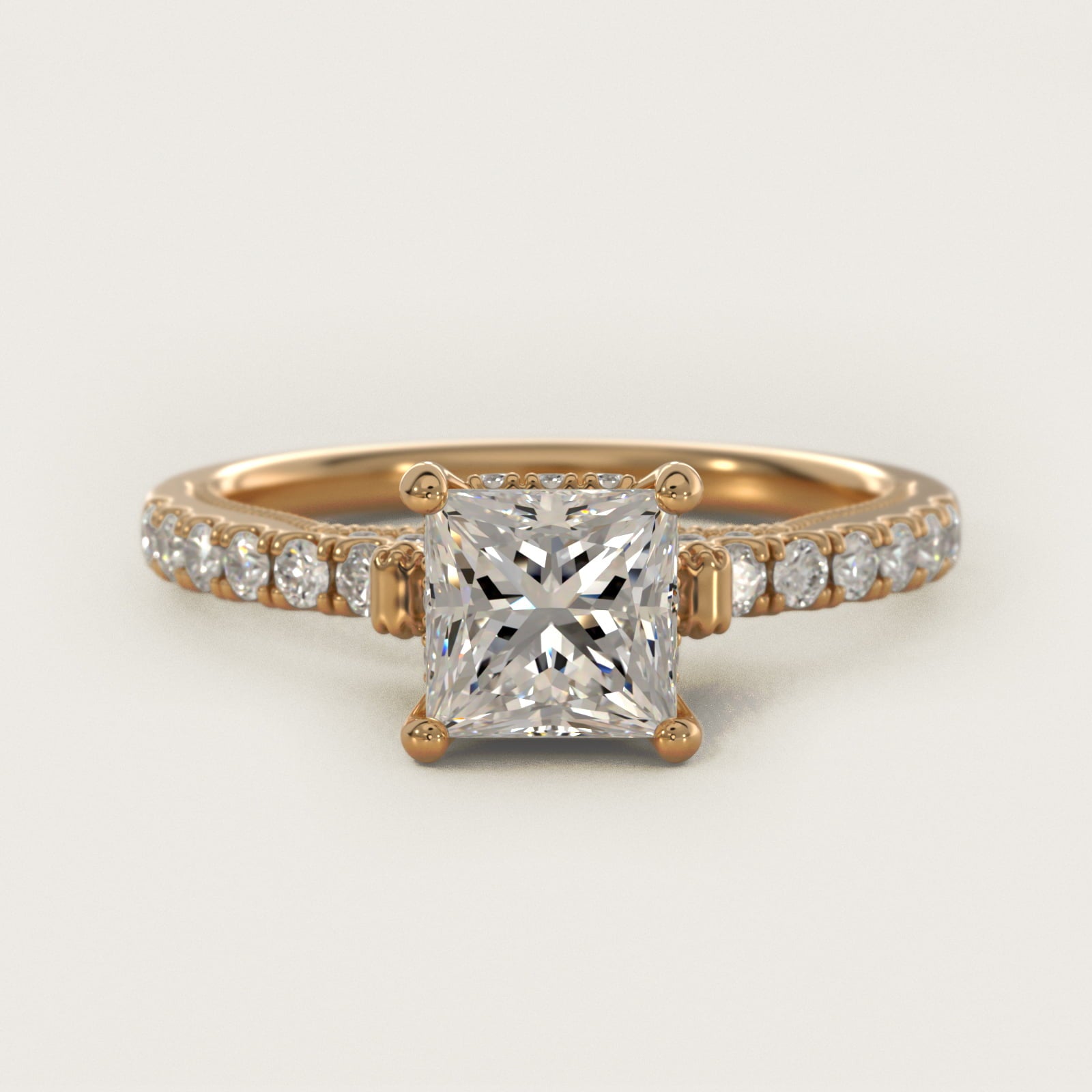 Lace Bridge Hidden Halo and Pave Diamond Engagement Ring in 18k Yellow Gold (1/3 ct. tw.) - Princess Center