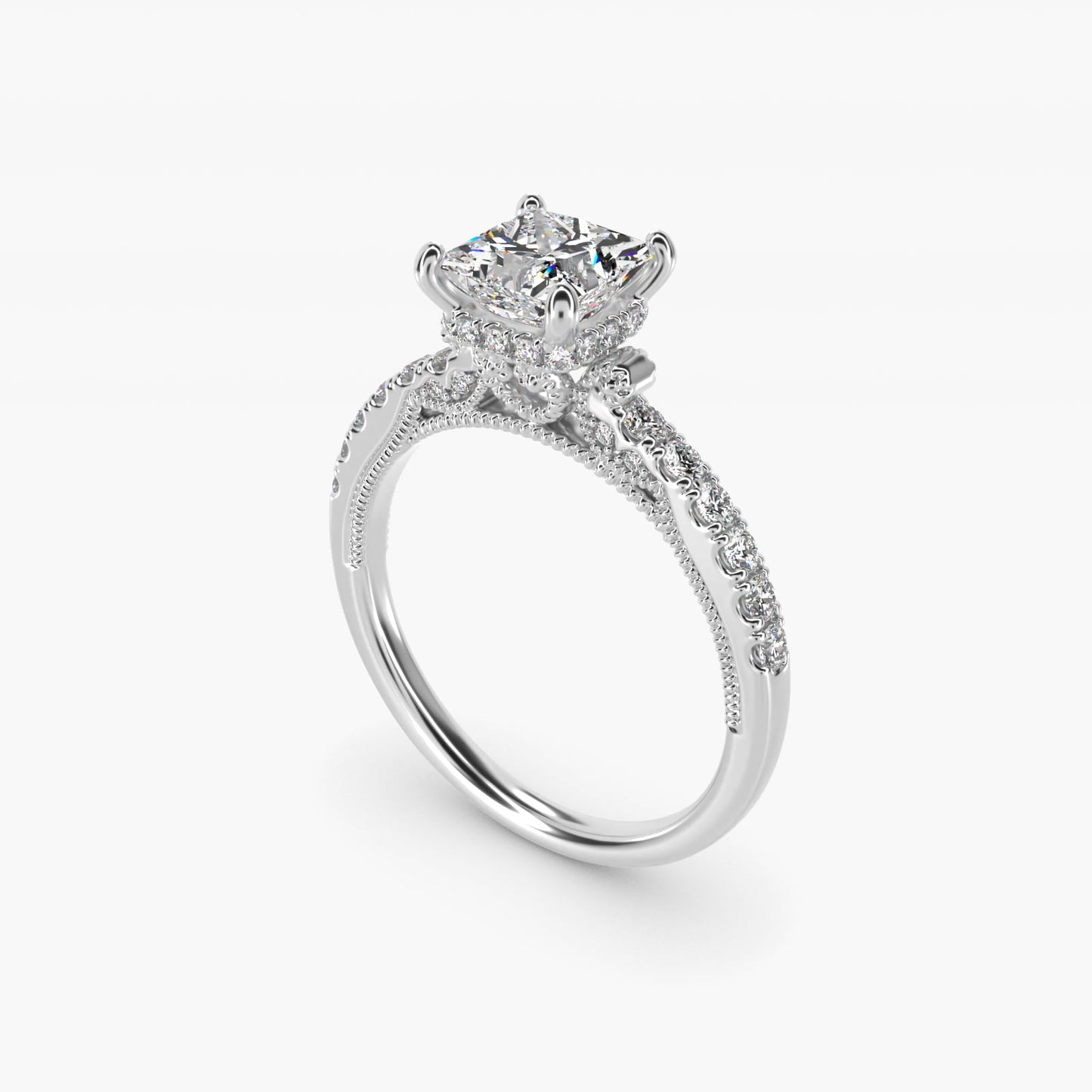 Lace Bridge Hidden Halo and Pave Diamond Engagement Ring in Platinum (1/3 ct. tw.) - Princess Center