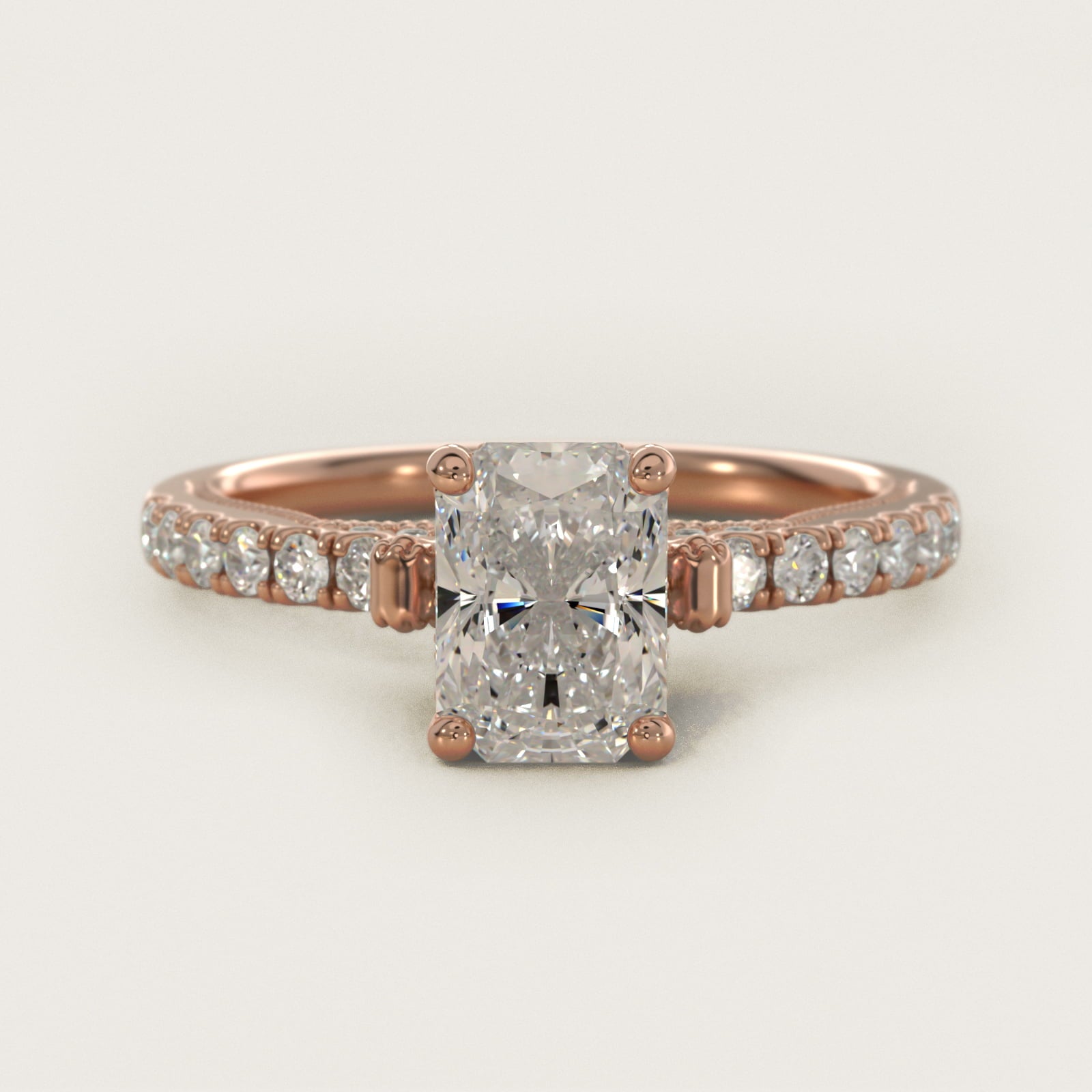Lace Bridge Hidden Halo and Pave Diamond Engagement Ring in 18k Rose Gold (1/3 ct. tw.) - Radiant Center