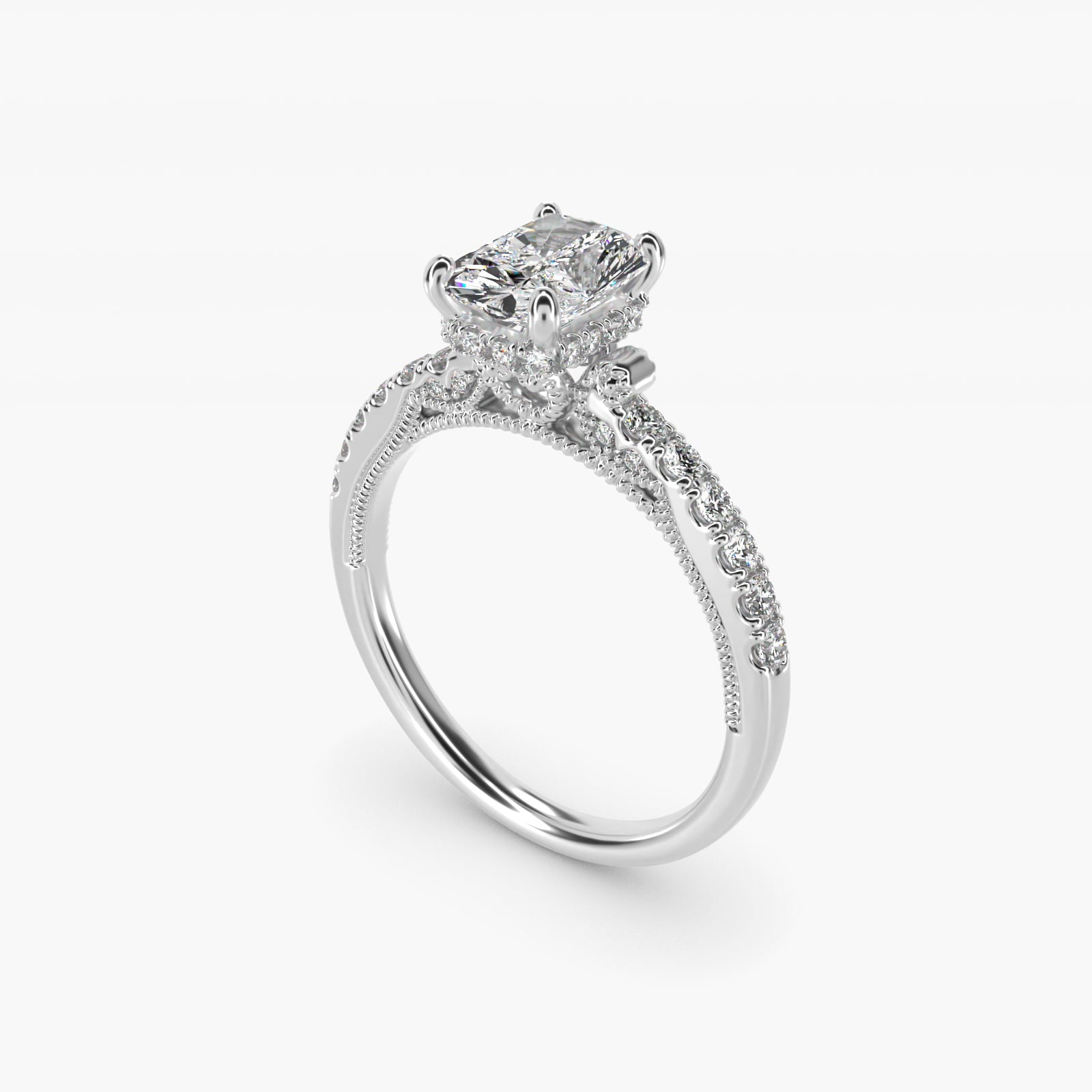 Lace Bridge Hidden Halo and Pave Diamond Engagement Ring in 14k White Gold (1/3 ct. tw.) - Radiant Center