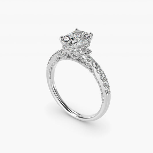 Lace Bridge Hidden Halo and Pave Diamond Engagement Ring in 18k White Gold (1/3 ct. tw.) - Radiant Center