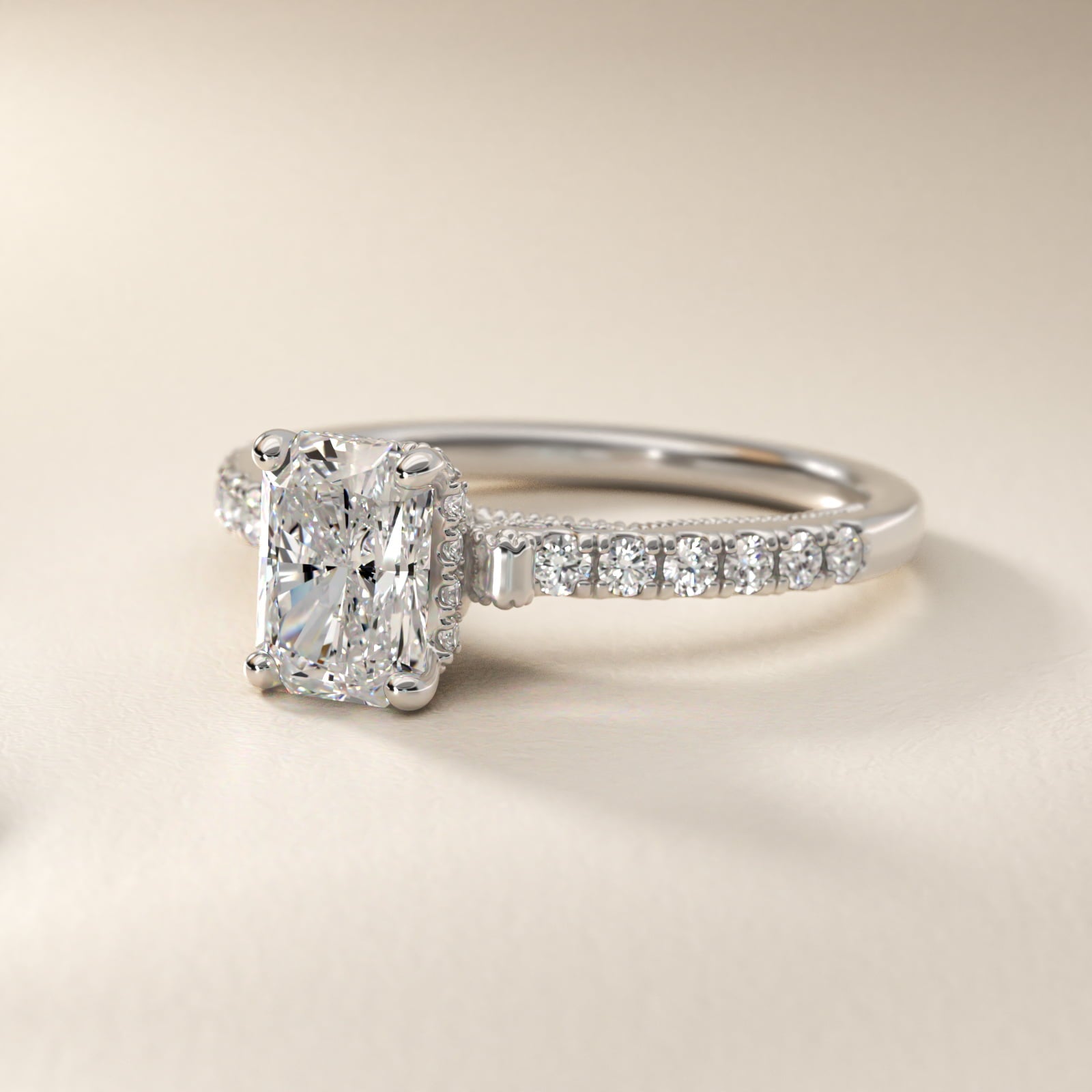 Lace Bridge Hidden Halo and Pave Diamond Engagement Ring in 14k White Gold (1/3 ct. tw.) - Radiant Center