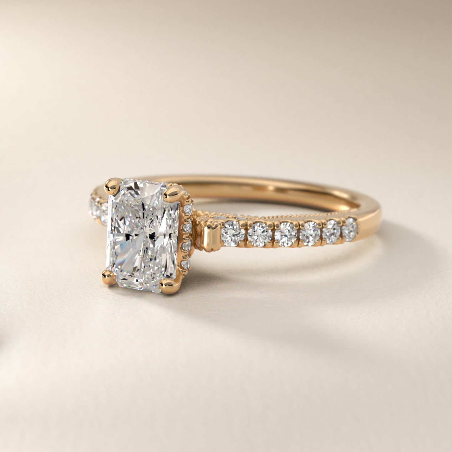 Lace Bridge Hidden Halo and Pave Diamond Engagement Ring in 14k Yellow Gold (1/3 ct. tw.) - Radiant Center