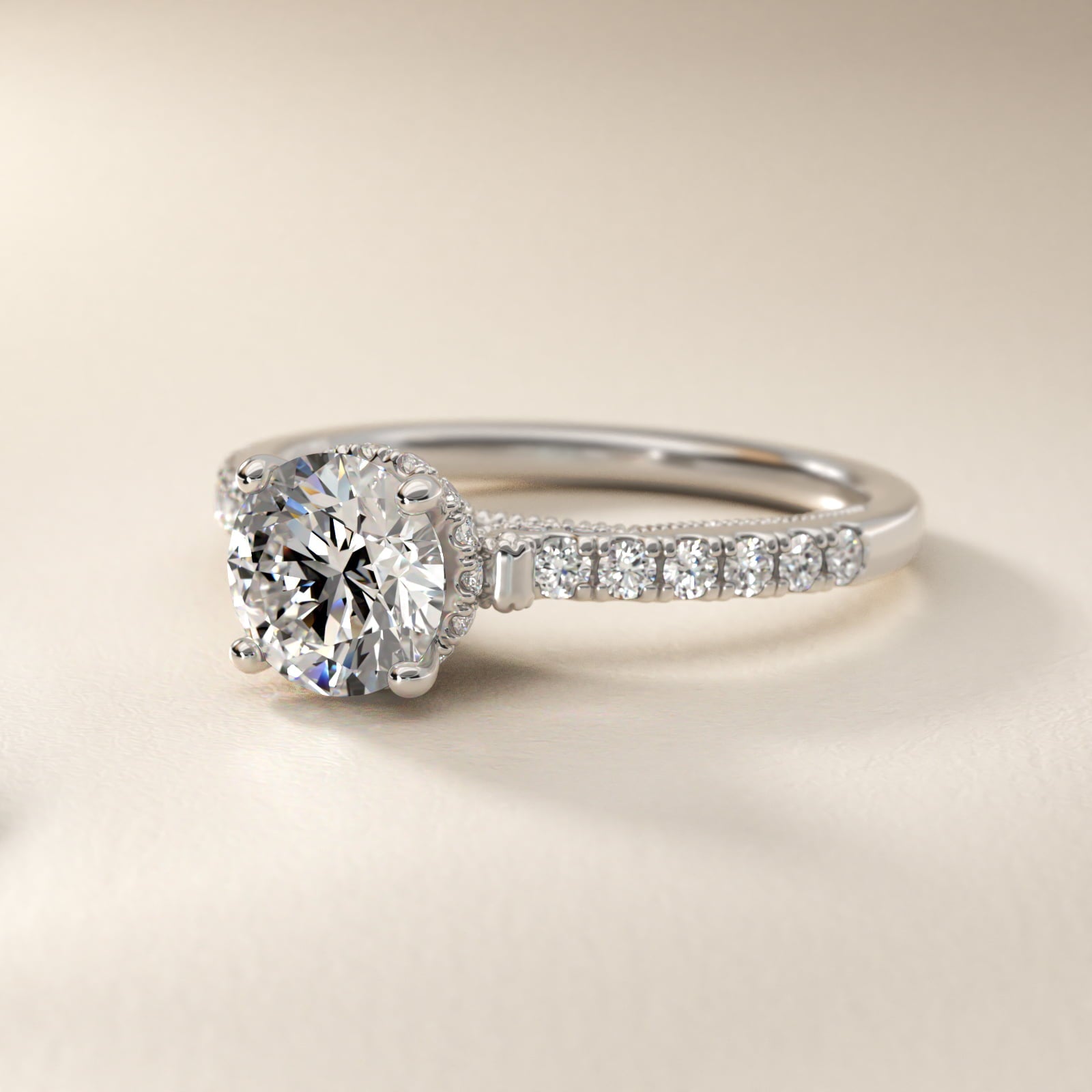 Lace Bridge Hidden Halo and Pave Diamond Engagement Ring in 18k White Gold (1/3 ct. tw.) - Round Center