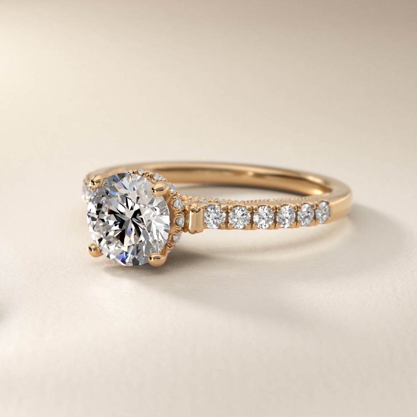 Lace Bridge Hidden Halo and Pave Diamond Engagement Ring in 14k Yellow Gold (1/3 ct. tw.) - Round Center