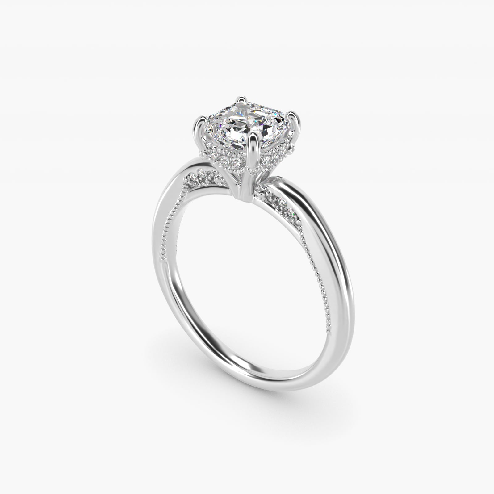 Lace Bridge Solitaire Plus Hidden Halo Diamond Engagement Ring in 18k White Gold (1/5 ct. tw.) - Asscher Center
