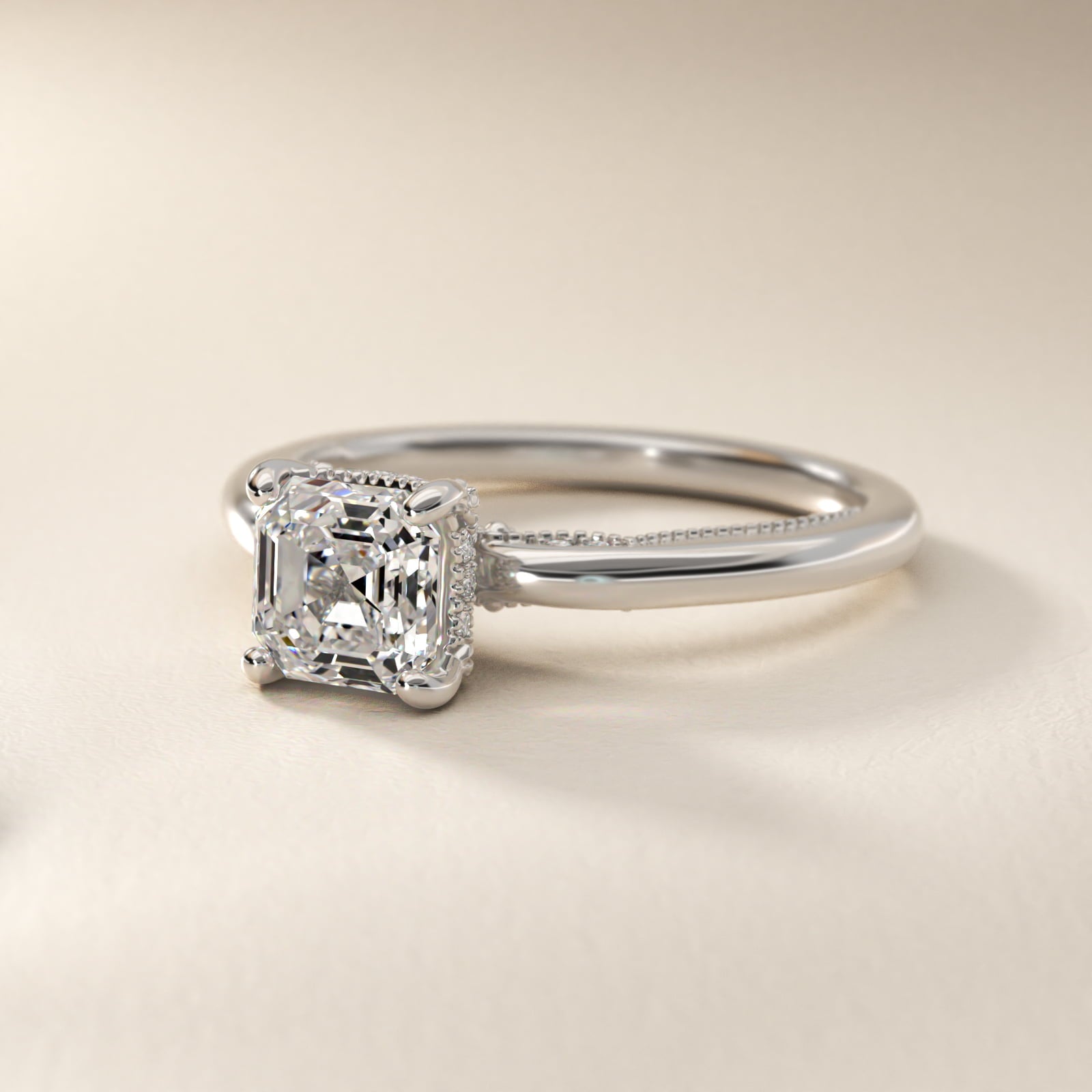 Lace Bridge Solitaire Plus Hidden Halo Diamond Engagement Ring in 18k White Gold (1/5 ct. tw.) - Asscher Center