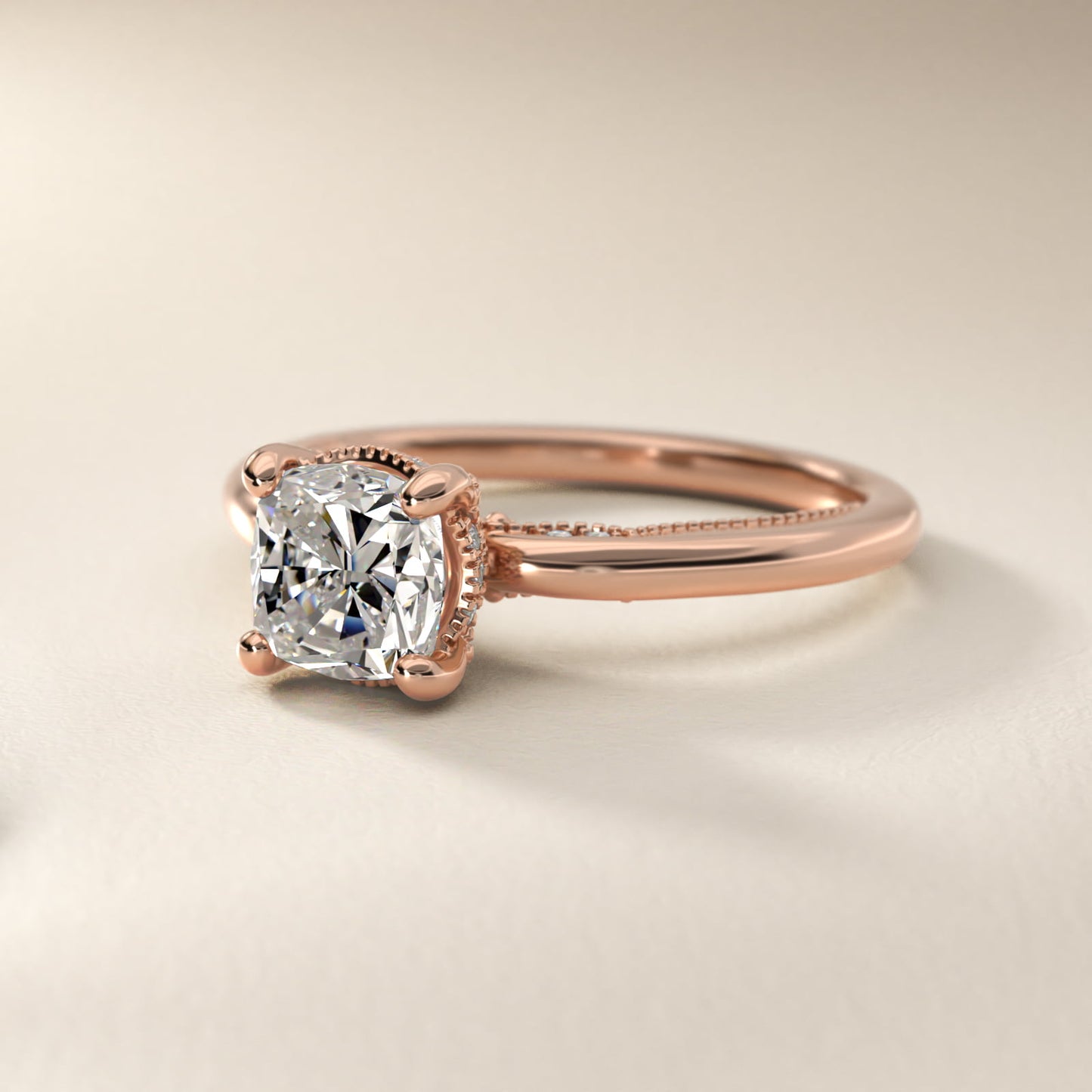 Lace Bridge Solitaire Plus Hidden Halo Diamond Engagement Ring in 14k Rose Gold (1/5 ct. tw.) - Cushion Center