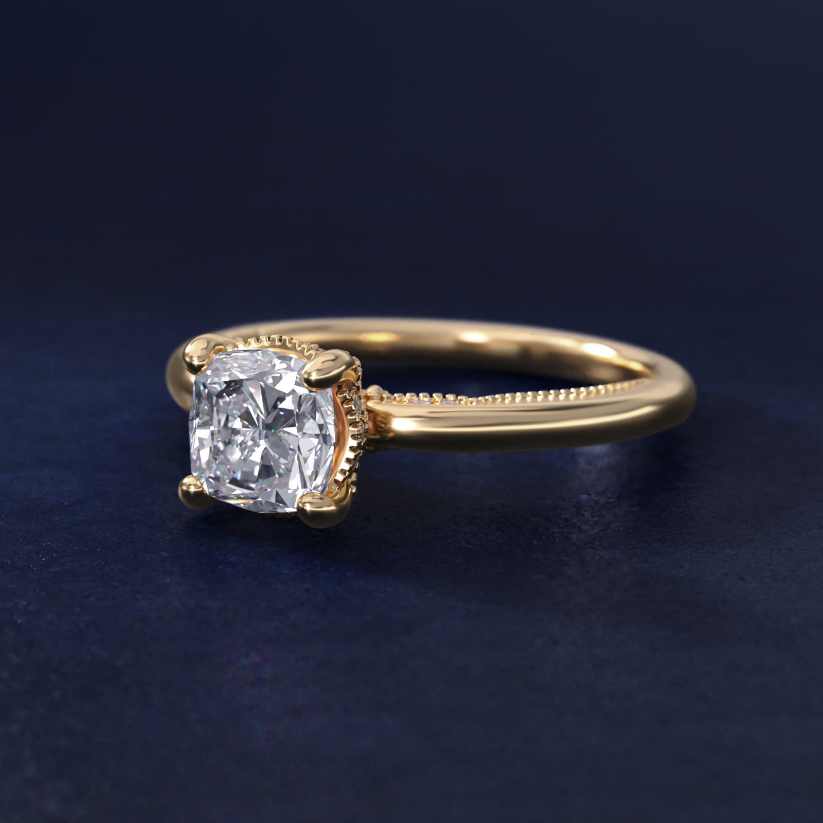 Lace Bridge Solitaire Plus Hidden Halo Diamond Engagement Ring in 14k Yellow Gold (1/5 ct. tw.) - Cushion Center