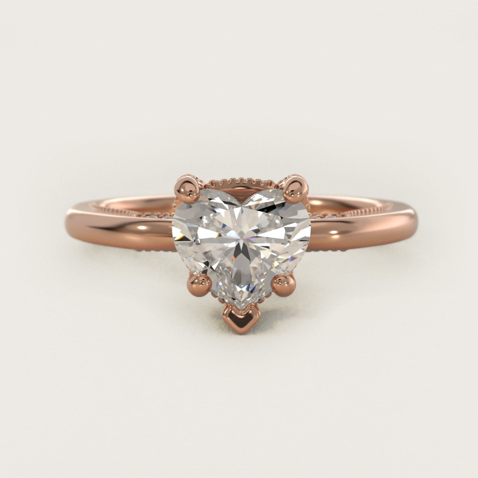 Lace Bridge Solitaire Plus Hidden Halo Diamond Engagement Ring in 18k Rose Gold (1/5 ct. tw.) - Heart Center