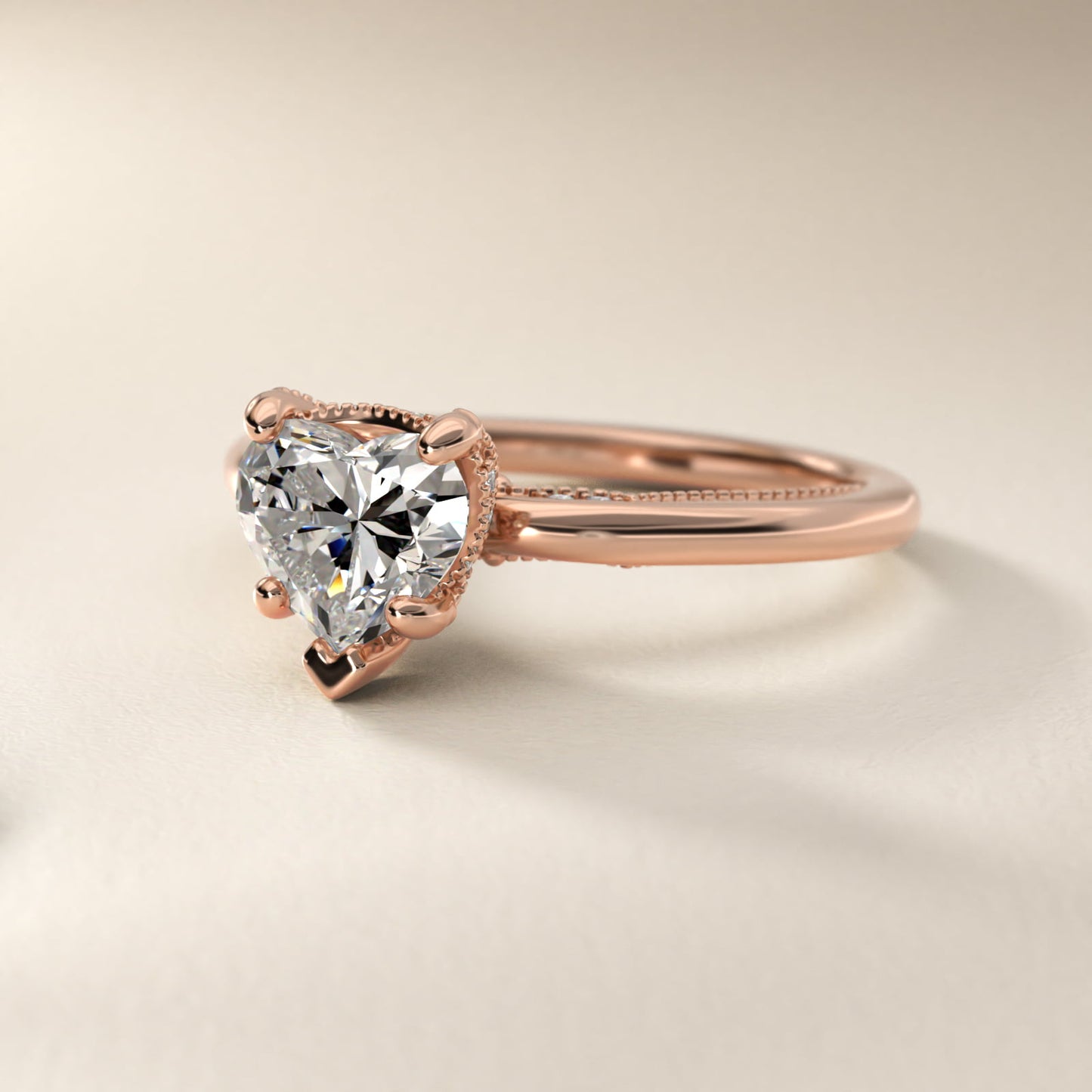 Lace Bridge Solitaire Plus Hidden Halo Diamond Engagement Ring in 18k Rose Gold (1/5 ct. tw.) - Heart Center