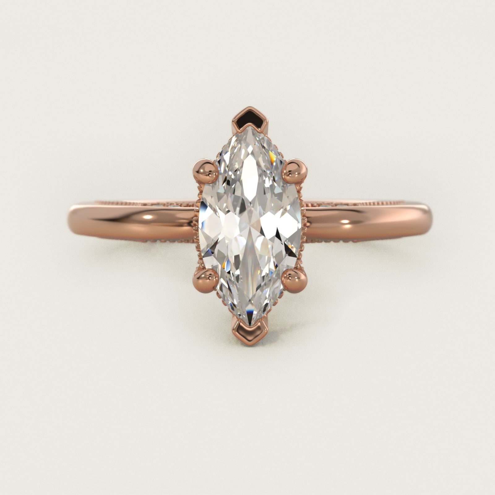 Lace Bridge Solitaire Plus Hidden Halo Diamond Engagement Ring in 18k Rose Gold (1/5 ct. tw.) - Marquise Center