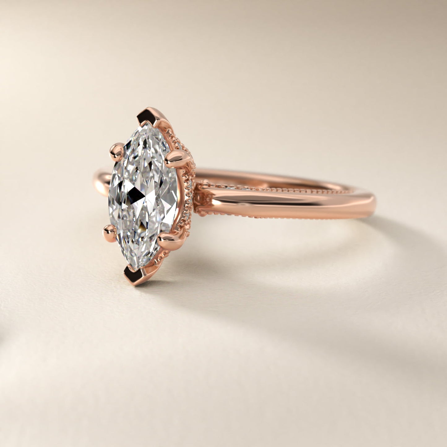 Lace Bridge Solitaire Plus Hidden Halo Diamond Engagement Ring in 14k Rose Gold (1/5 ct. tw.) - Marquise Center