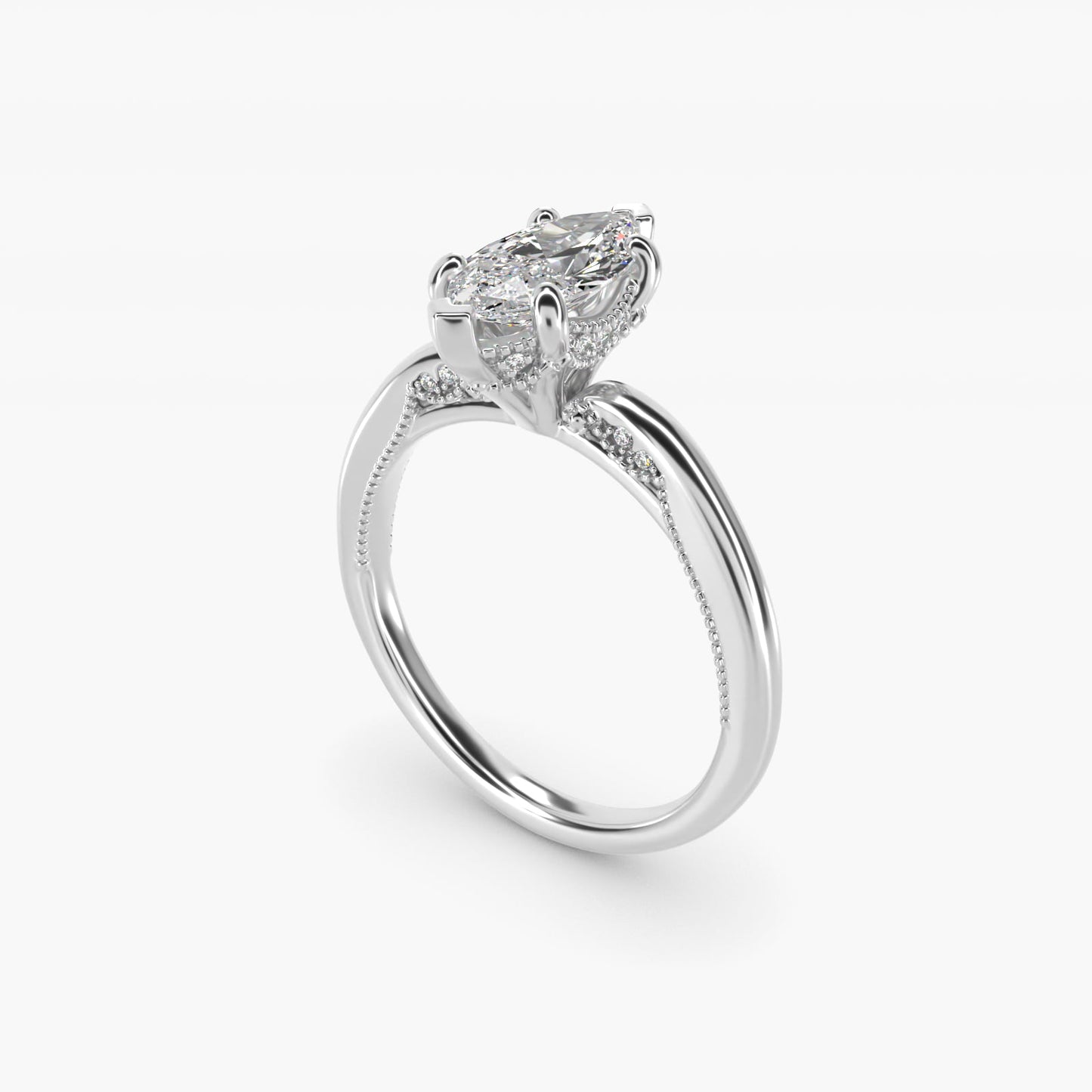 Lace Bridge Solitaire Plus Hidden Halo Diamond Engagement Ring in 18k White Gold (1/5 ct. tw.) - Marquise Center