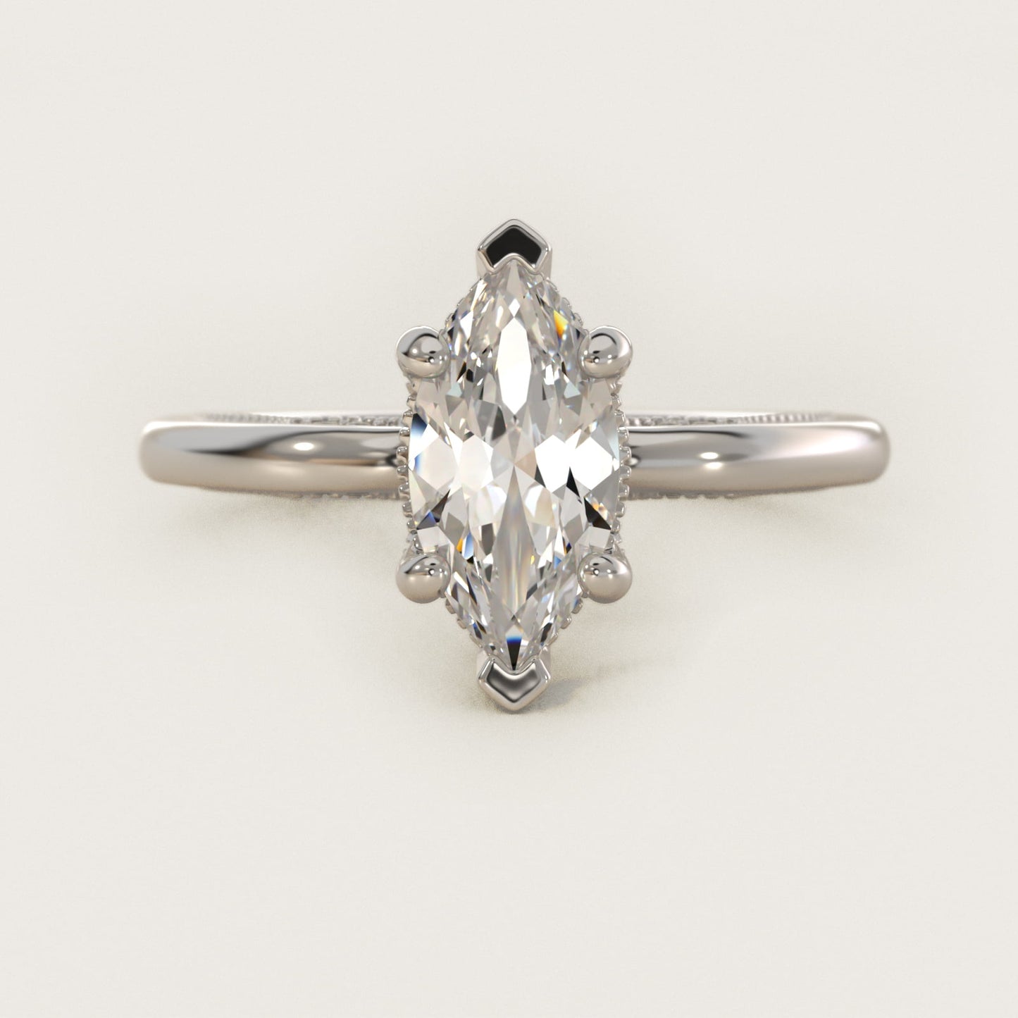 Lace Bridge Solitaire Plus Hidden Halo Diamond Engagement Ring in 18k White Gold (1/5 ct. tw.) - Marquise Center