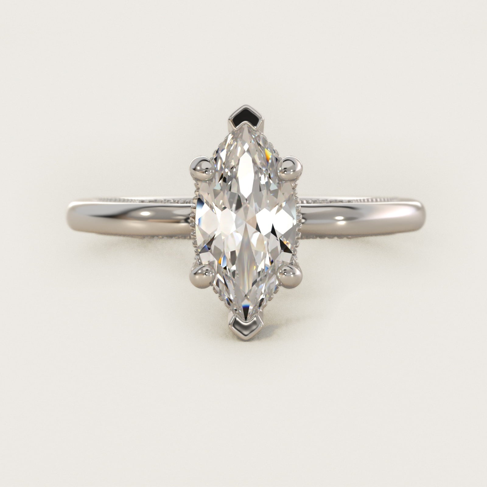 Lace Bridge Solitaire Plus Hidden Halo Diamond Engagement Ring in 18k White Gold (1/5 ct. tw.) - Marquise Center