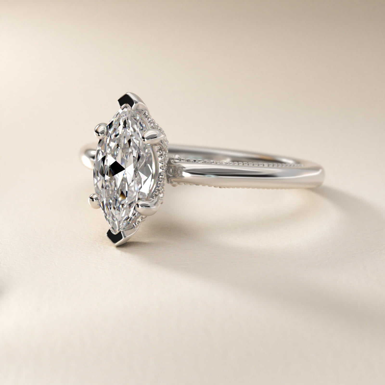 Lace Bridge Solitaire Plus Hidden Halo Diamond Engagement Ring in 18k White Gold (1/5 ct. tw.) - Marquise Center