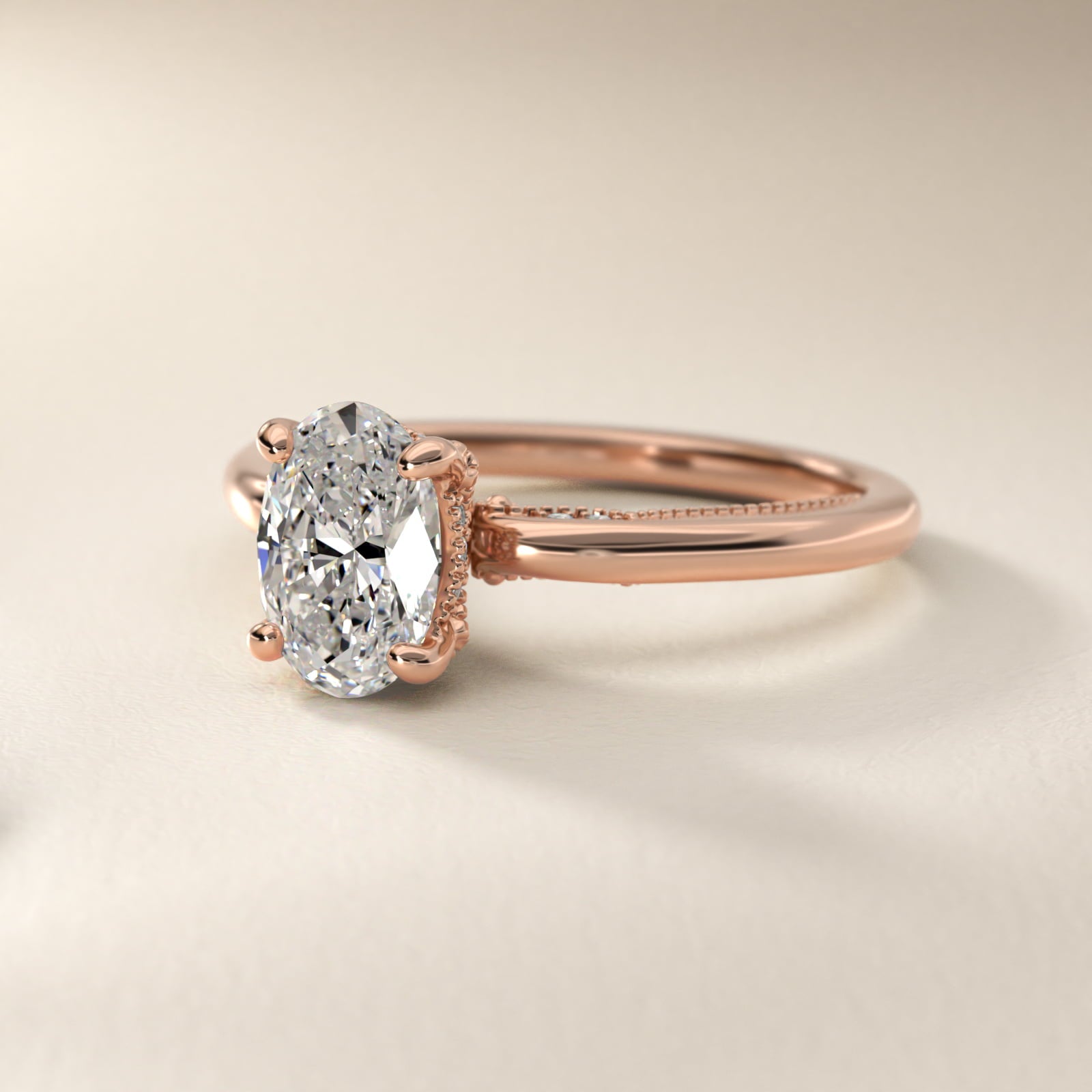 Lace Bridge Solitaire Plus Hidden Halo Diamond Engagement Ring in 14k Rose Gold (1/5 ct. tw.) - Oval Center
