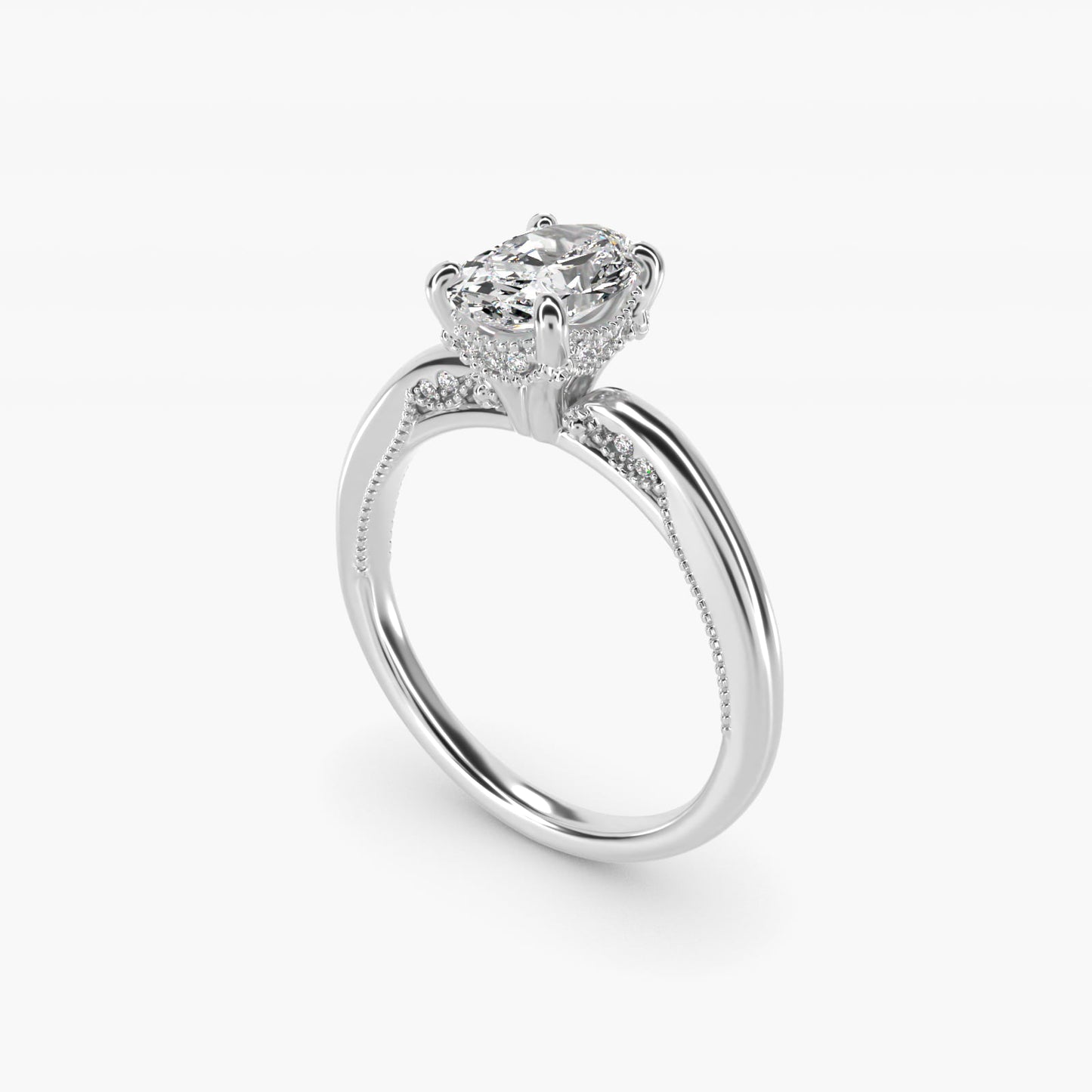 Lace Bridge Solitaire Plus Hidden Halo Diamond Engagement Ring in 18k White Gold (1/5 ct. tw.) - Oval Center