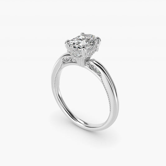 Lace Bridge Solitaire Plus Hidden Halo Diamond Engagement Ring in 18k White Gold (1/5 ct. tw.) - Oval Center
