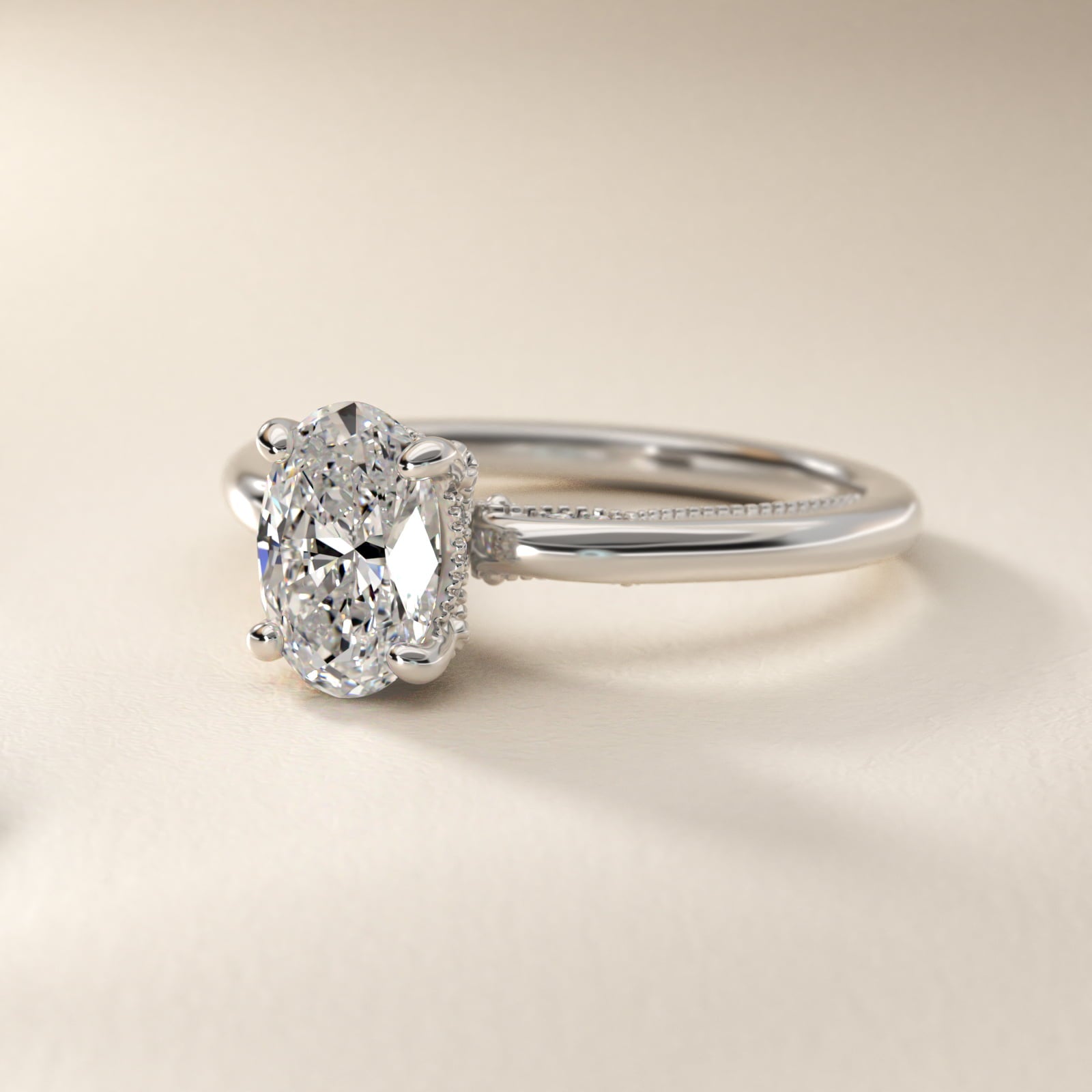 Lace Bridge Solitaire Plus Hidden Halo Diamond Engagement Ring in 18k White Gold (1/5 ct. tw.) - Oval Center