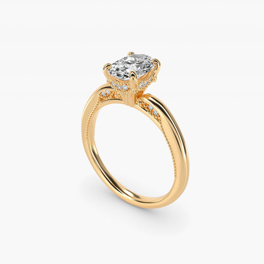 Lace Bridge Solitaire Plus Hidden Halo Diamond Engagement Ring in 18k Yellow Gold (1/5 ct. tw.) - Oval Center