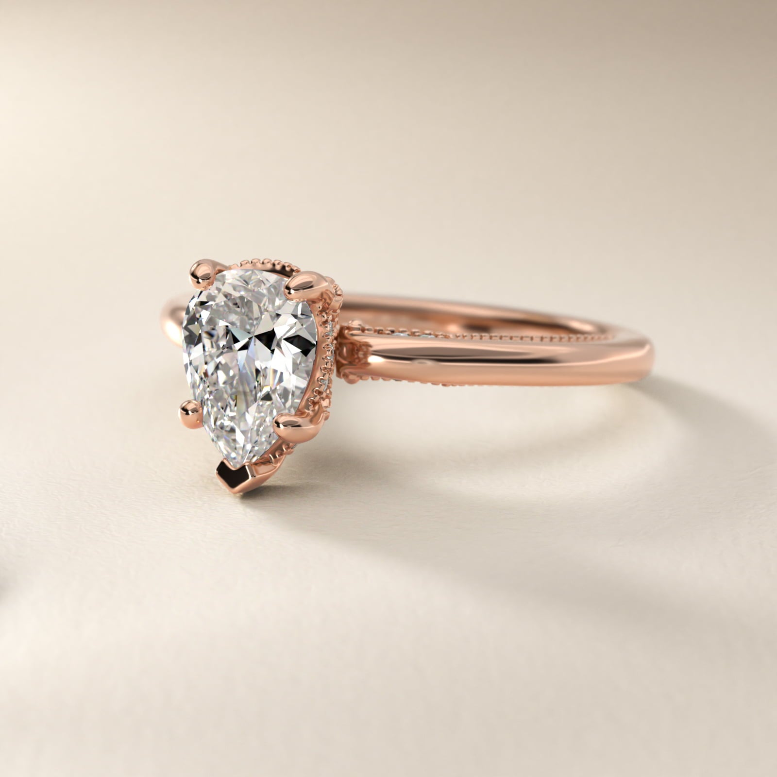 Lace Bridge Solitaire Plus Hidden Halo Diamond Engagement Ring in 18k Rose Gold (1/5 ct. tw.) - Pear Center