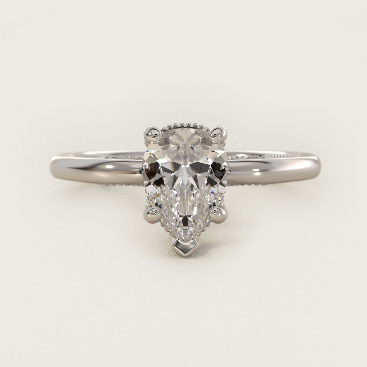 Lace Bridge Solitaire Plus Hidden Halo Diamond Engagement Ring in 14k White Gold (1/5 ct. tw.) - Pear Center