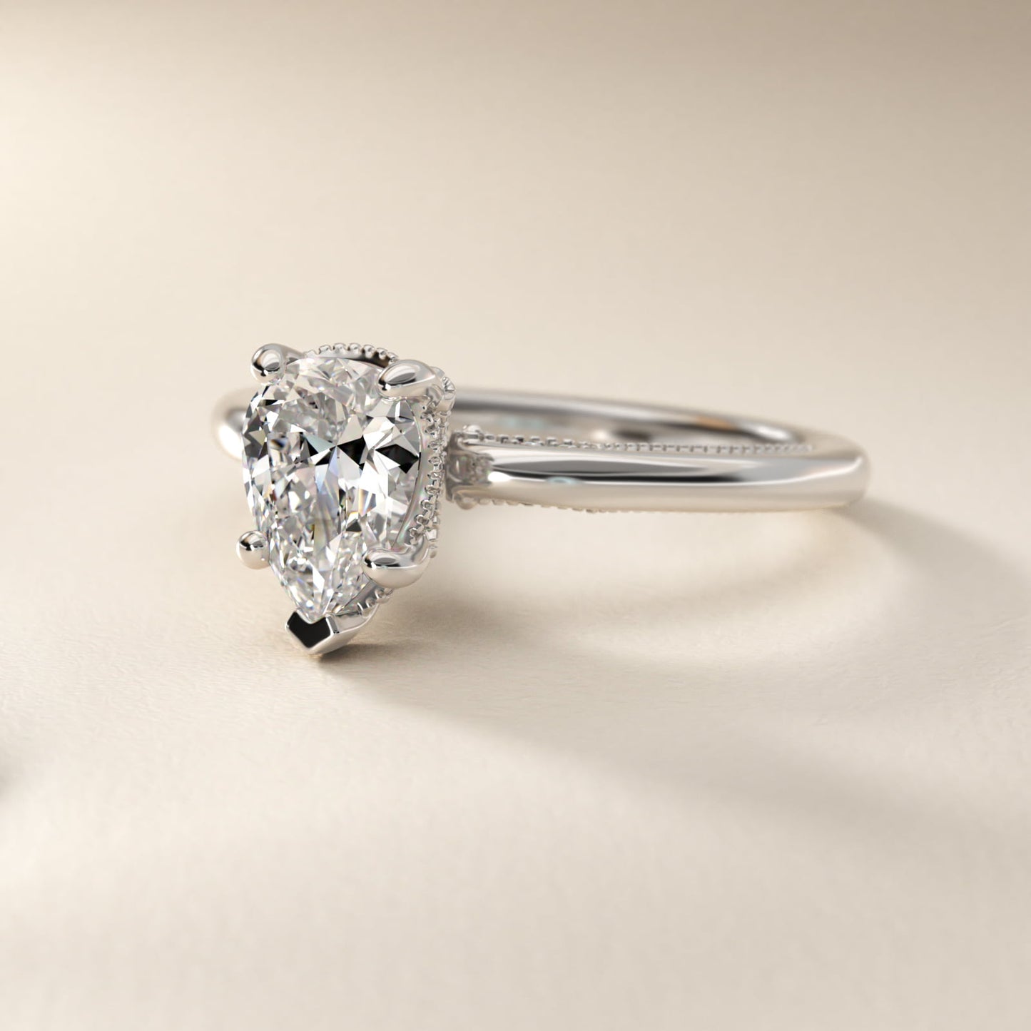 Lace Bridge Solitaire Plus Hidden Halo Diamond Engagement Ring in 18k White Gold (1/5 ct. tw.) - Pear Center