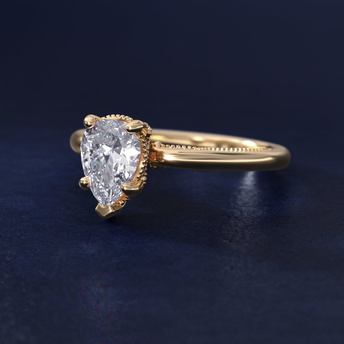 Lace Bridge Solitaire Plus Hidden Halo Diamond Engagement Ring in 18k Yellow Gold (1/5 ct. tw.) - Pear Center