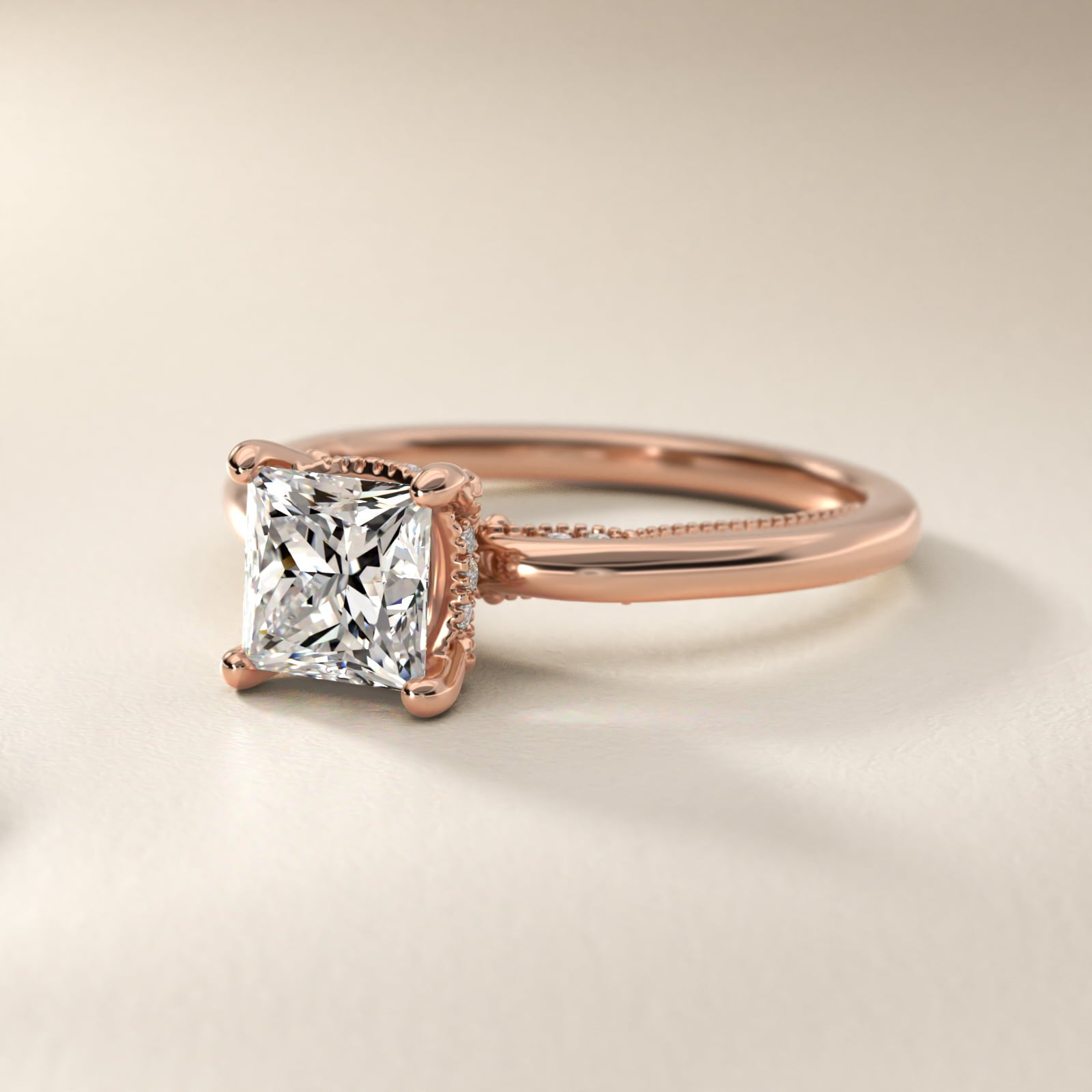 Lace Bridge Solitaire Plus Hidden Halo Diamond Engagement Ring in 18k Rose Gold (1/5 ct. tw.) - Princess Center