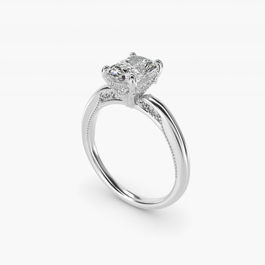 Lace Bridge Solitaire Plus Hidden Halo Diamond Engagement Ring in 18k White Gold (1/5 ct. tw.) - Radiant Center