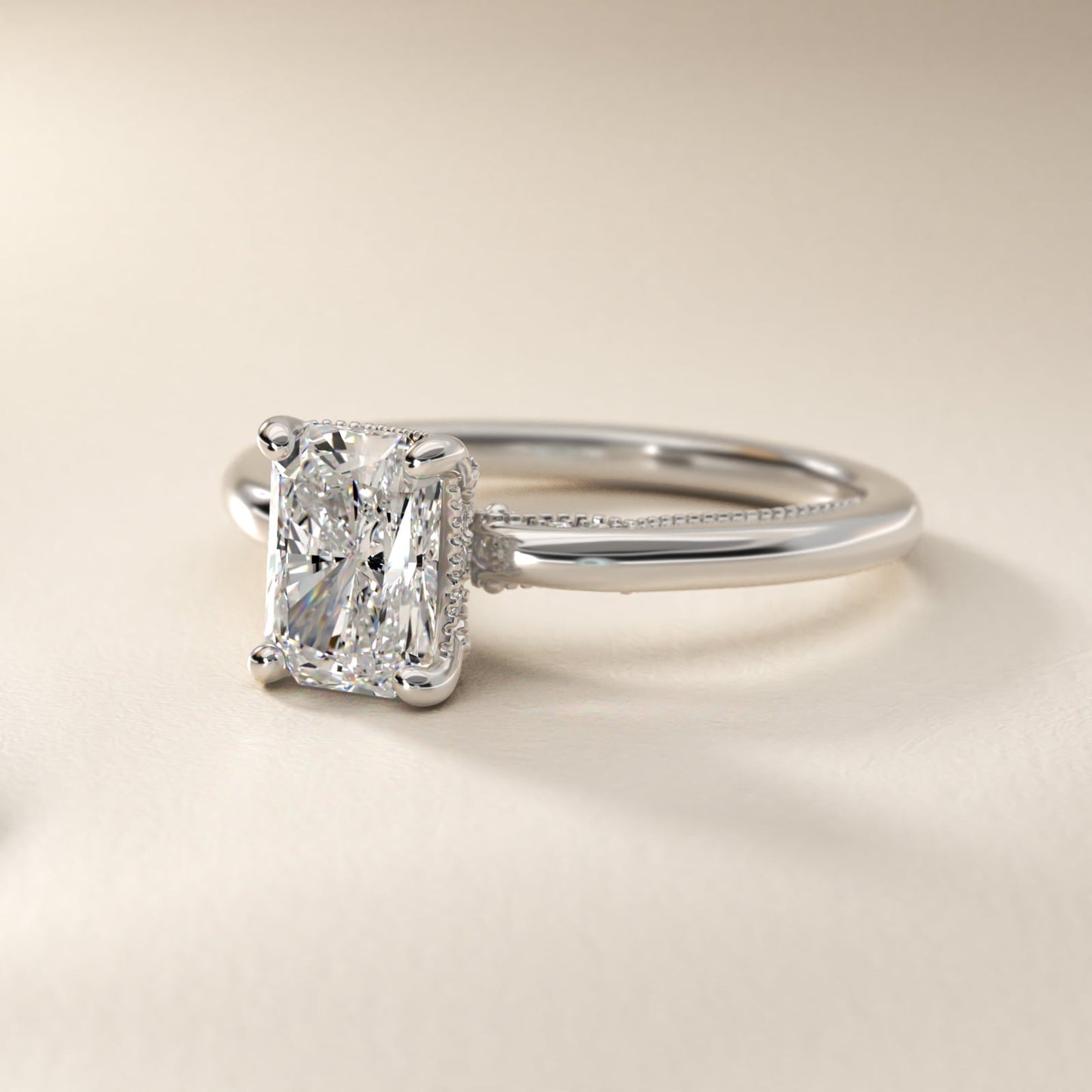 Lace Bridge Solitaire Plus Hidden Halo Diamond Engagement Ring in 18k White Gold (1/5 ct. tw.) - Radiant Center