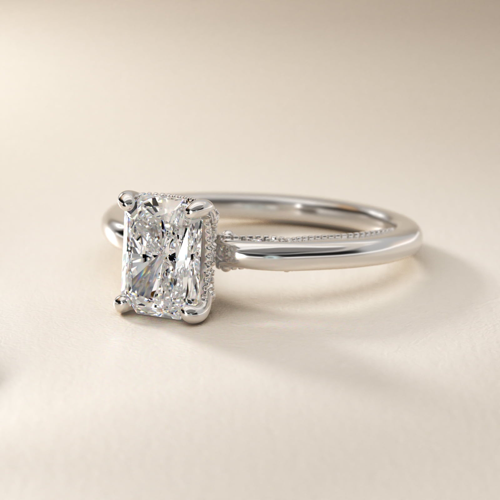 Lace Bridge Solitaire Plus Hidden Halo Diamond Engagement Ring in 18k White Gold (1/5 ct. tw.) - Radiant Center