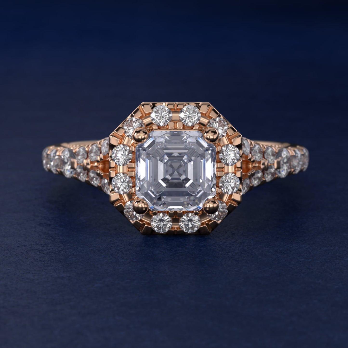 Lace Bridge Split Shank Halo Diamond Engagement Ring in 14k Rose Gold (3/4 ct. tw.) - Asscher Center