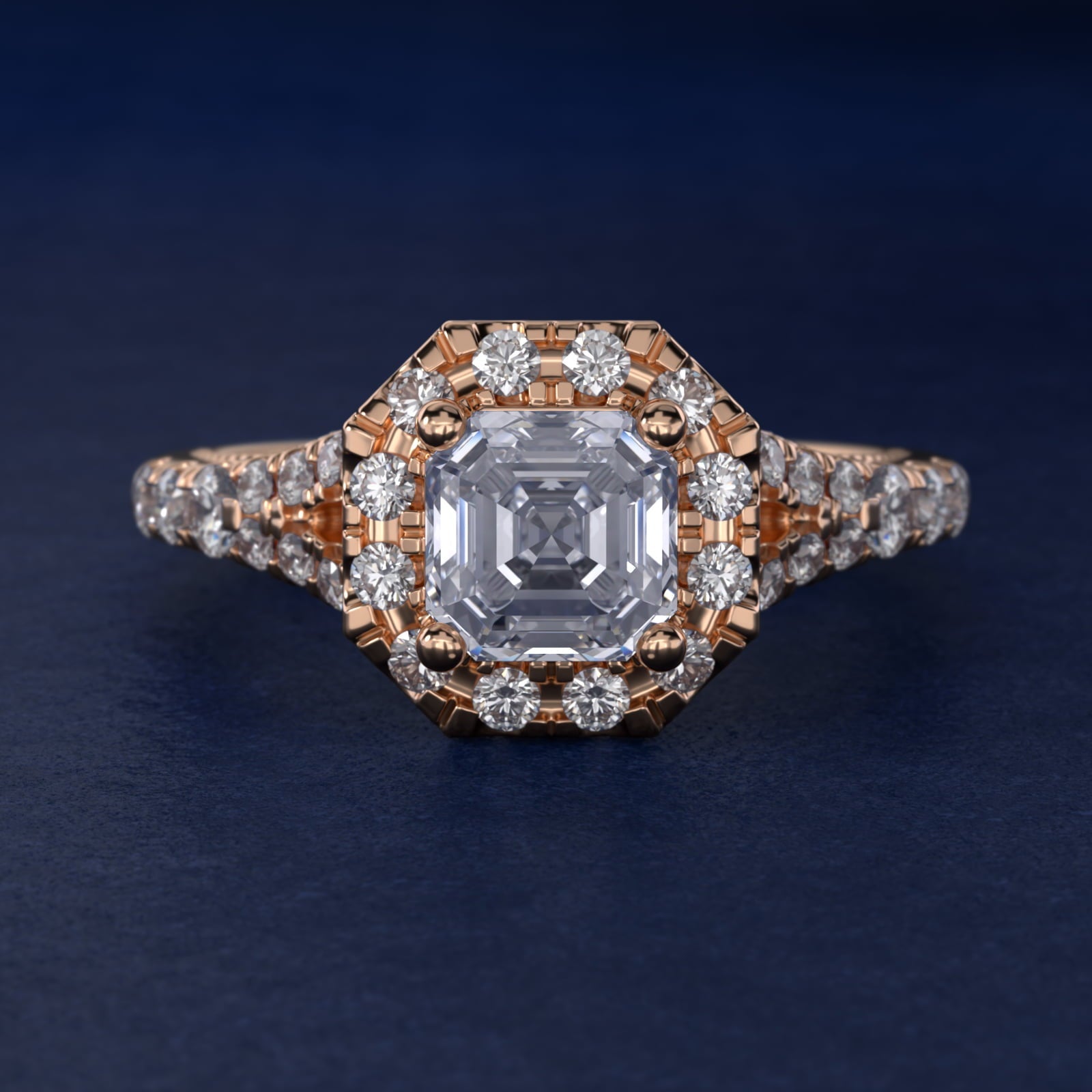 Lace Bridge Split Shank Halo Diamond Engagement Ring in 18k Rose Gold (3/4 ct. tw.) - Asscher Center