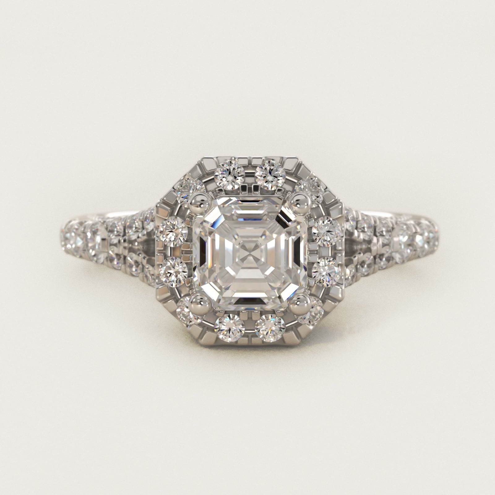 Lace Bridge Split Shank Halo Diamond Engagement Ring in 14k White Gold (3/4 ct. tw.) - Asscher Center
