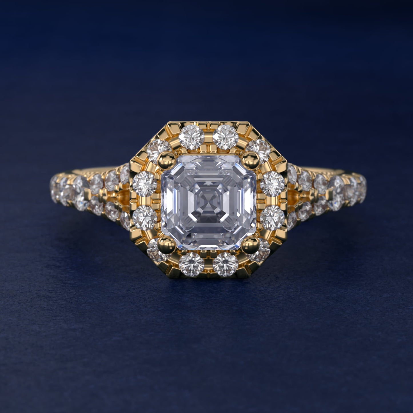 Lace Bridge Split Shank Halo Diamond Engagement Ring in 14k Yellow Gold (3/4 ct. tw.) - Asscher Center