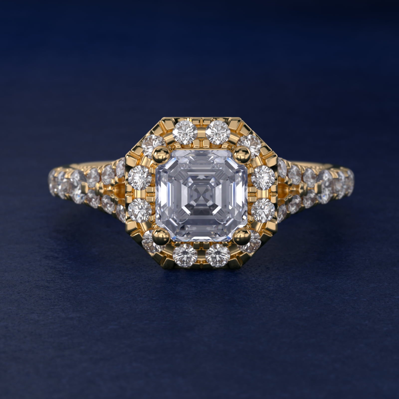 Lace Bridge Split Shank Halo Diamond Engagement Ring in 14k Yellow Gold (3/4 ct. tw.) - Asscher Center