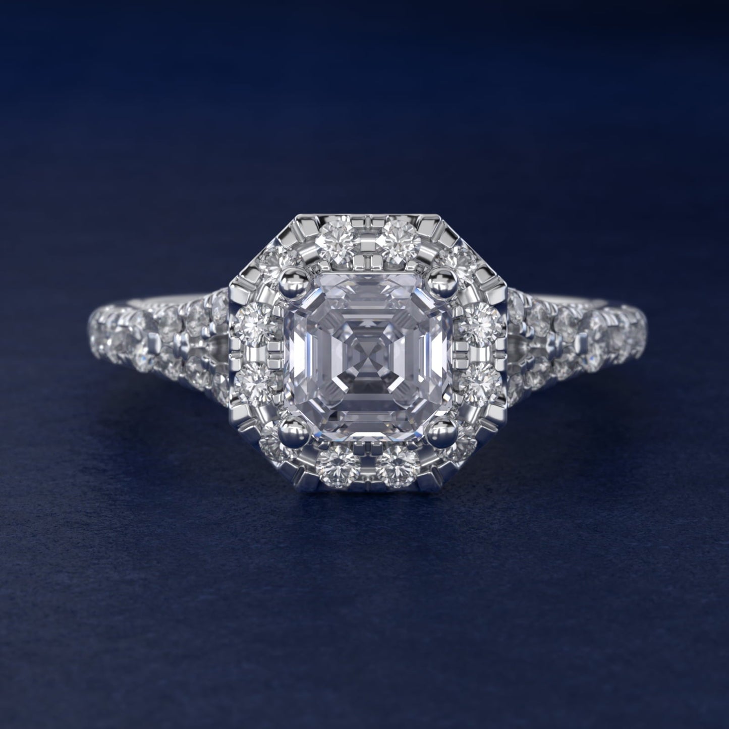 Lace Bridge Split Shank Halo Diamond Engagement Ring in Platinum (3/4 ct. tw.) - Asscher Center