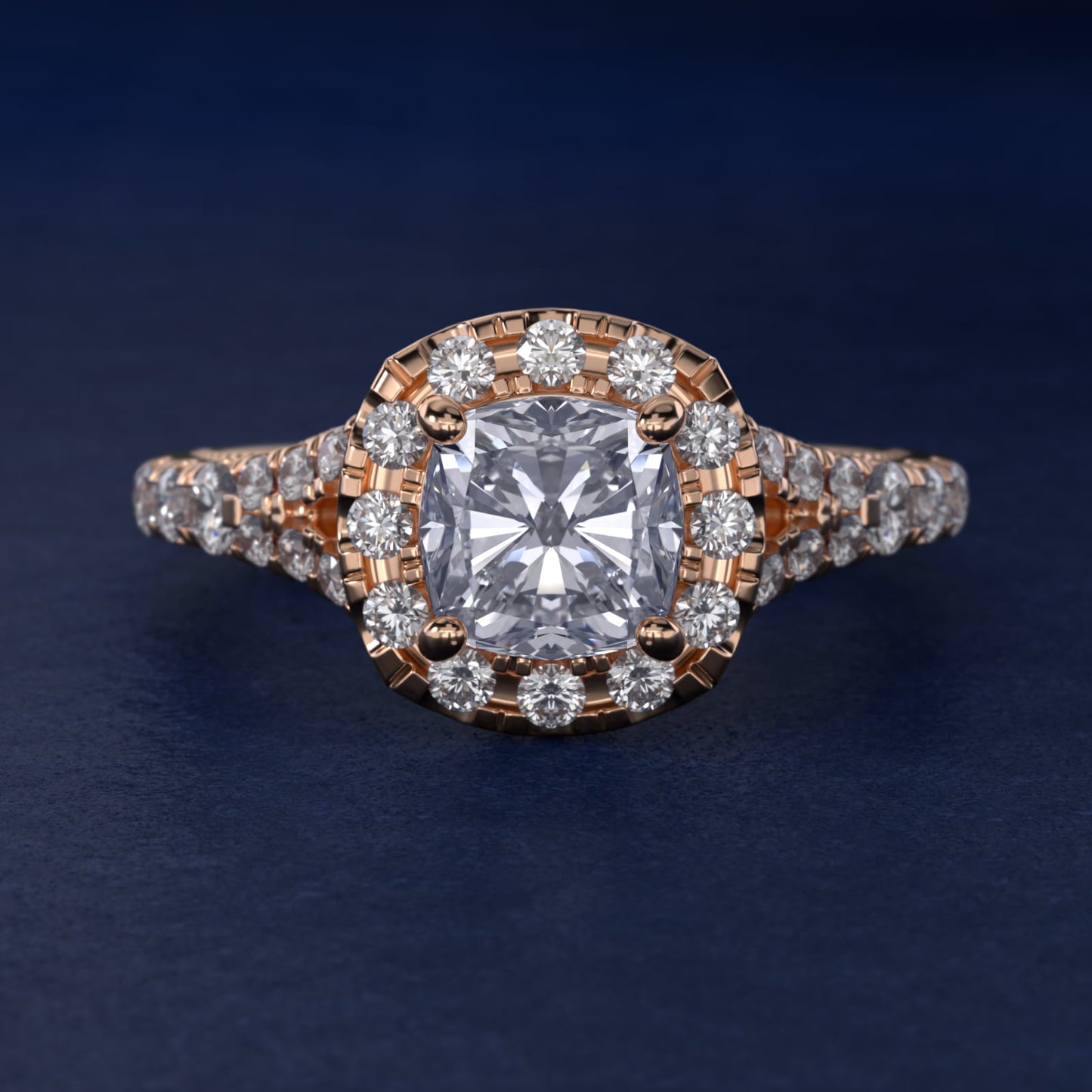 Lace Bridge Split Shank Halo Diamond Engagement Ring in 14k Rose Gold (3/4 ct. tw.) - Cushion Center