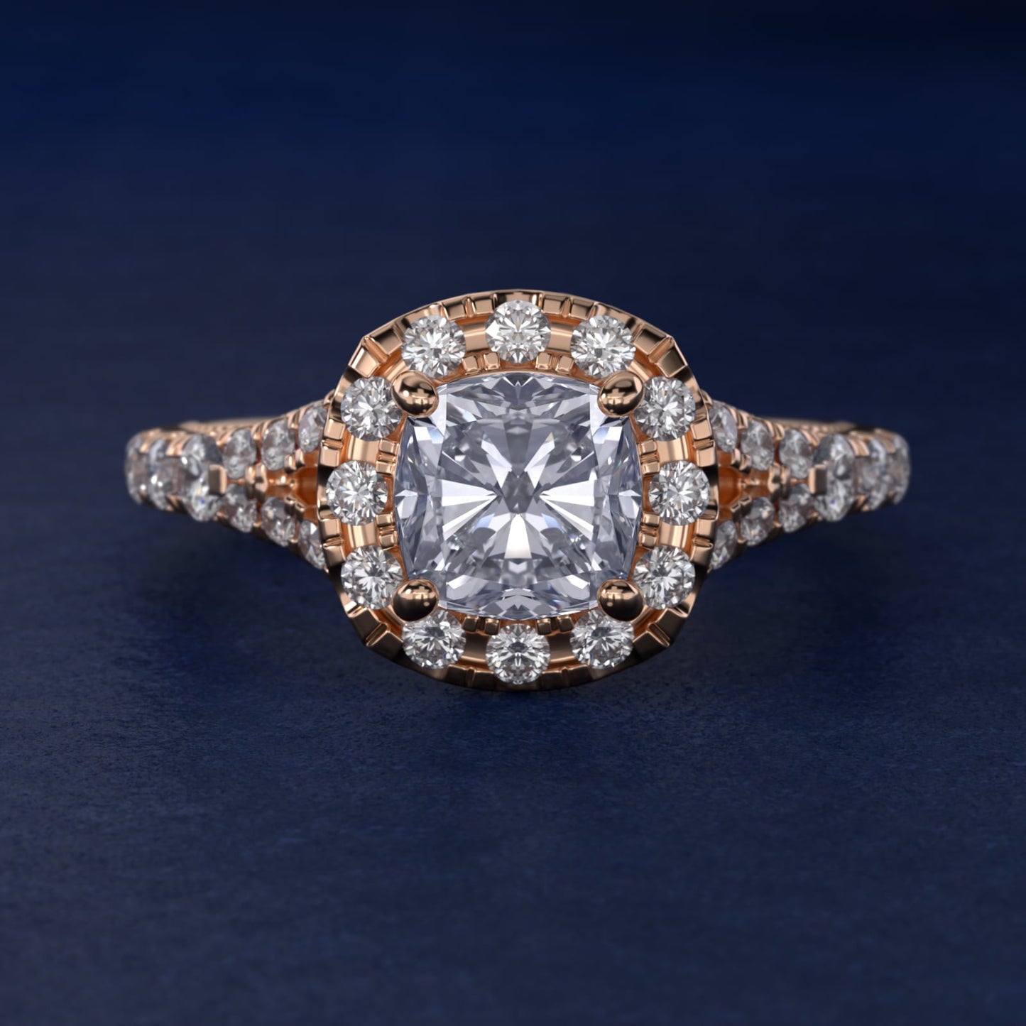 Lace Bridge Split Shank Halo Diamond Engagement Ring in 18k Rose Gold (3/4 ct. tw.) - Cushion Center