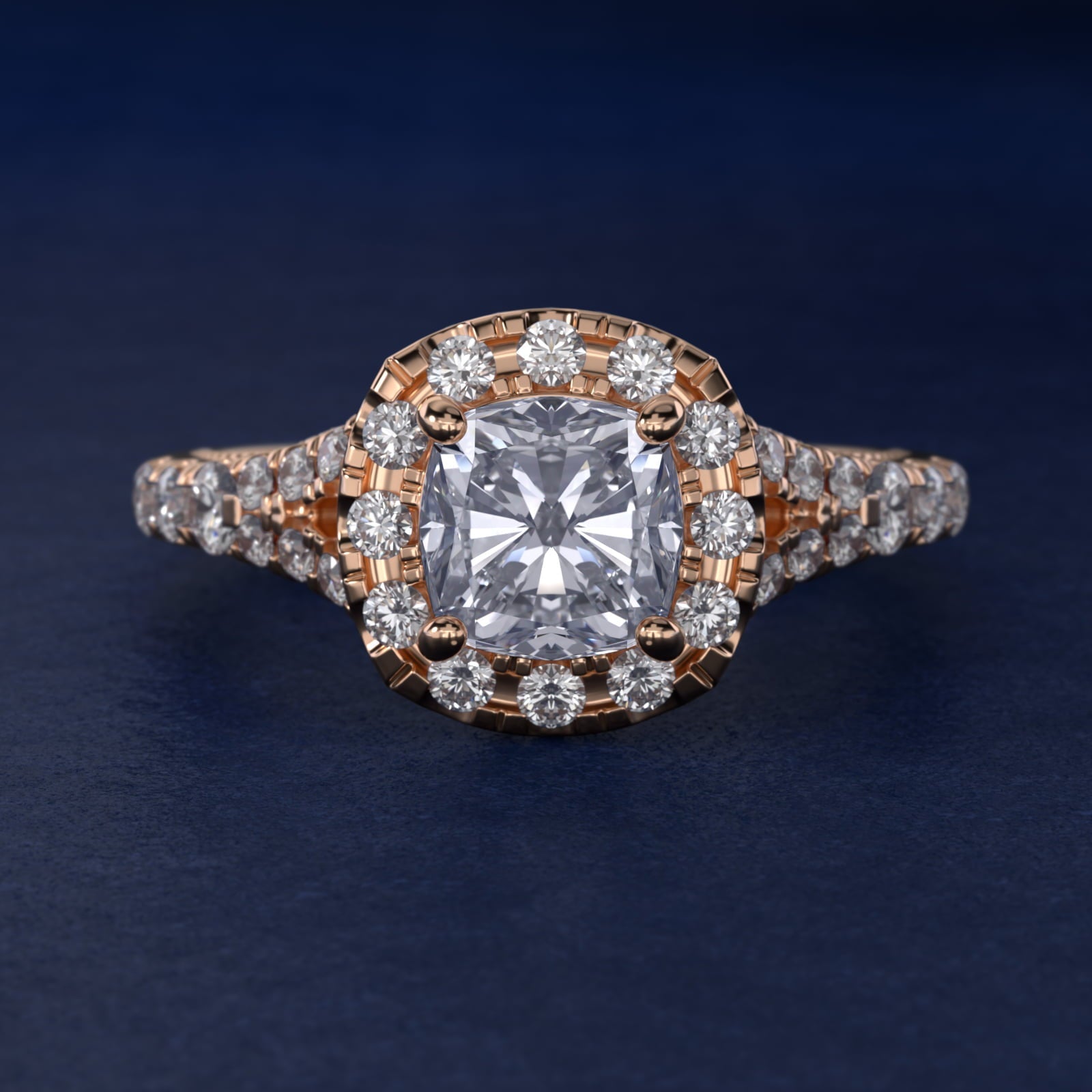 Lace Bridge Split Shank Halo Diamond Engagement Ring in 18k Rose Gold (3/4 ct. tw.) - Cushion Center